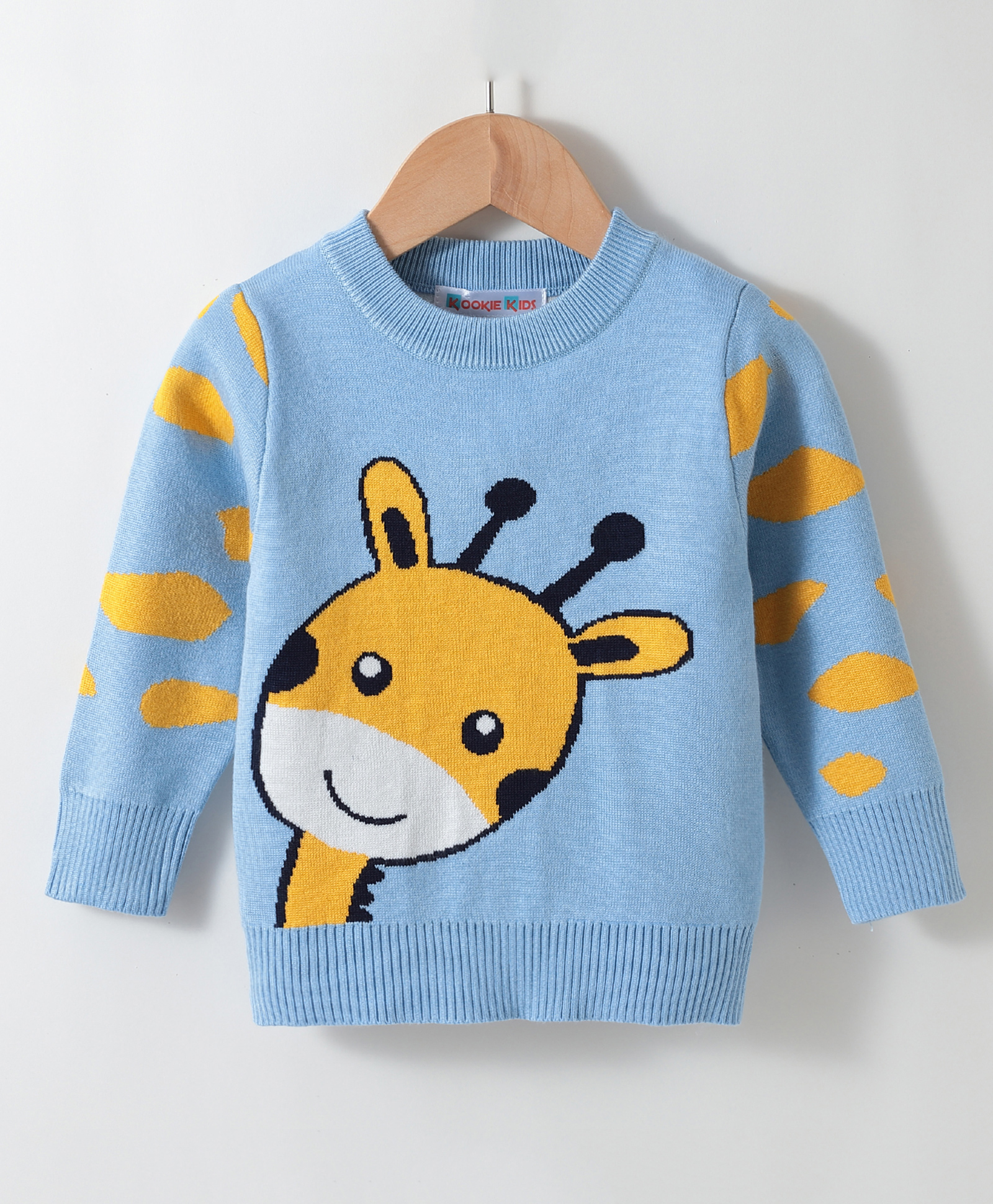 Kookie Kids Viscose Full Sleeves Pullover Sweater With Giraffe Design - Sky Blue-image-38