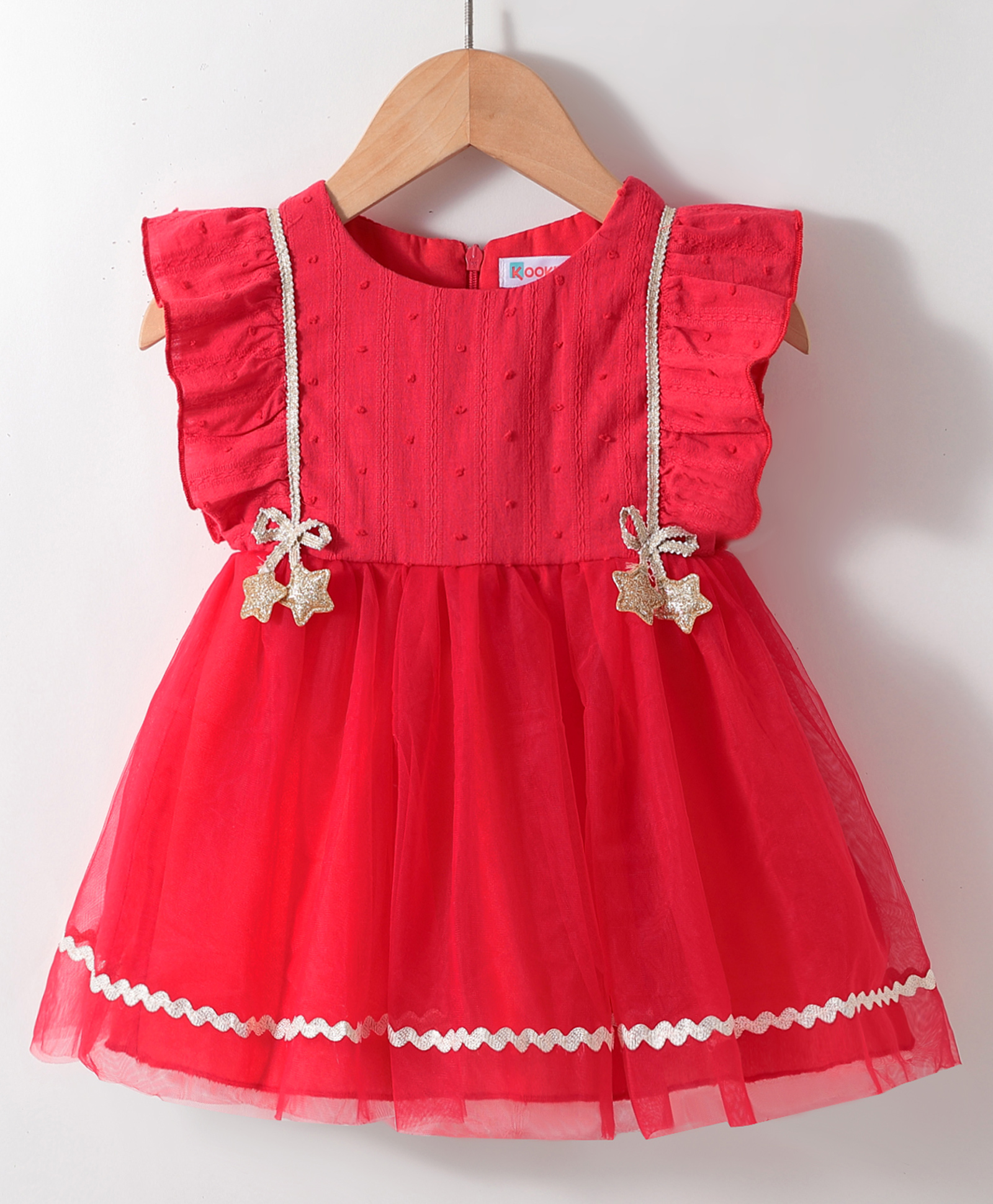 Kookie Kids Frill Sleeves Frock with Star Applique- Red-picture-26