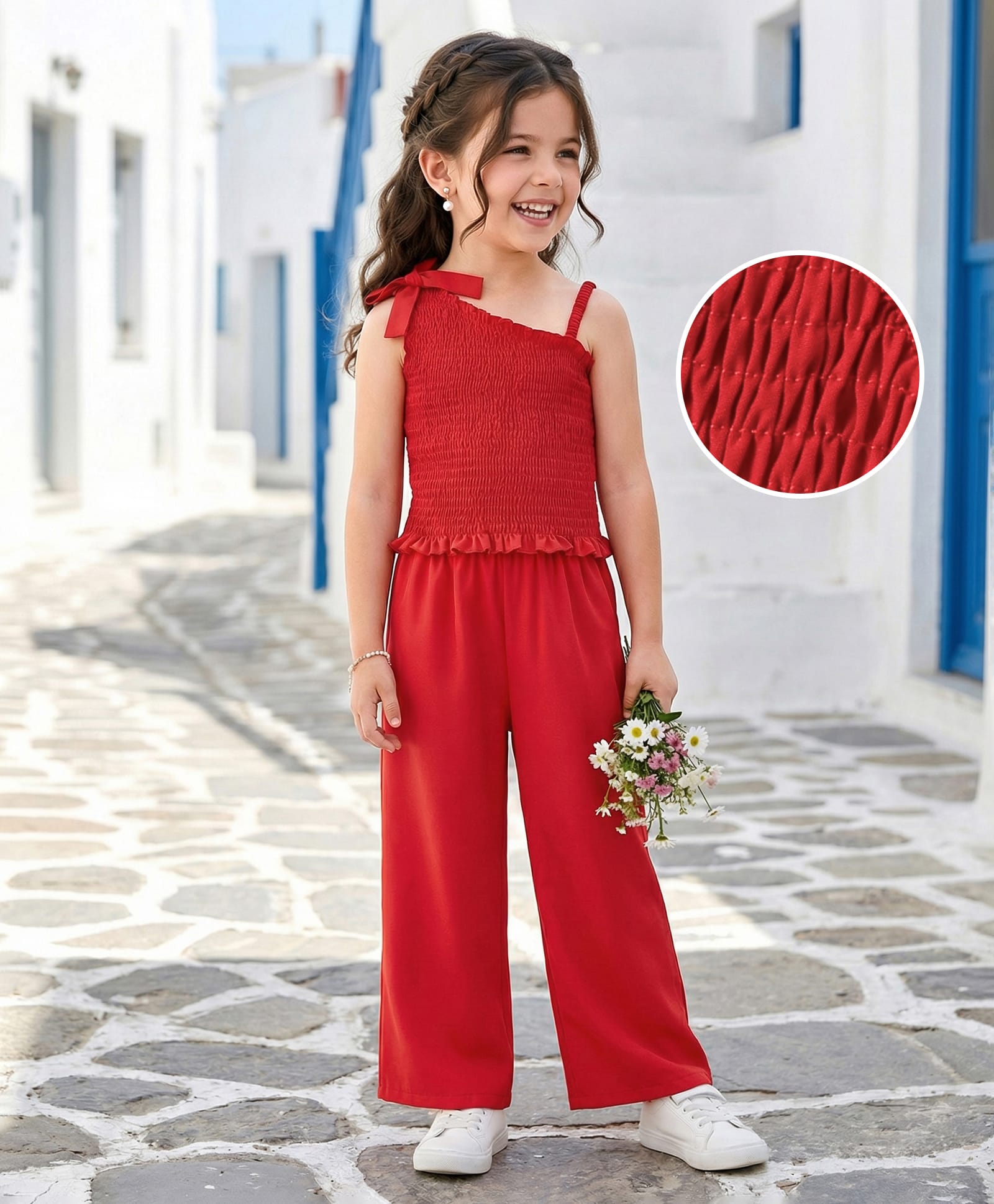 Kookie Kids One Shoulder Sleeves  Solid Color Top & Pant- Red-picture-23