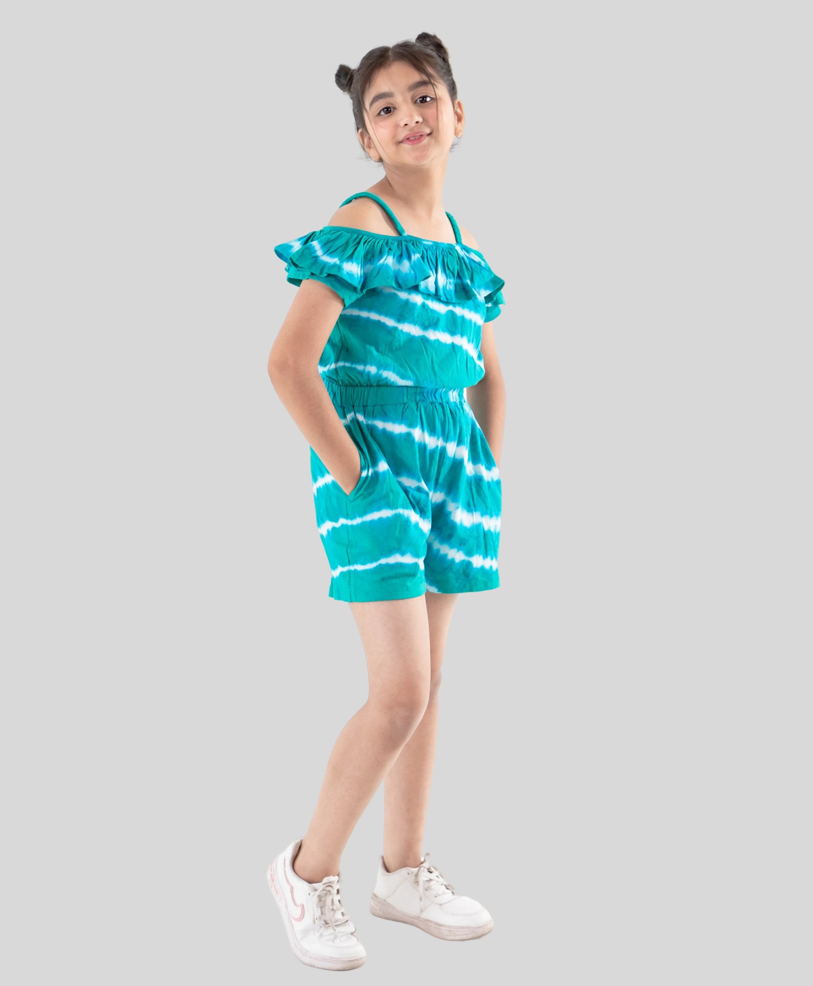 tweeny mini Pure Cotton Cold Shoulder Tie Dye Jumpsuit - Green-picture-10