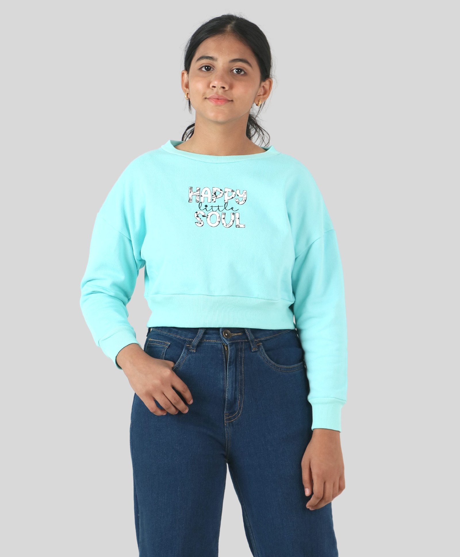 tweeny mini Cotton  Full Sleeves Happy Little Soul Text Printed Crop Sweater - Aqua Blue-picture-23