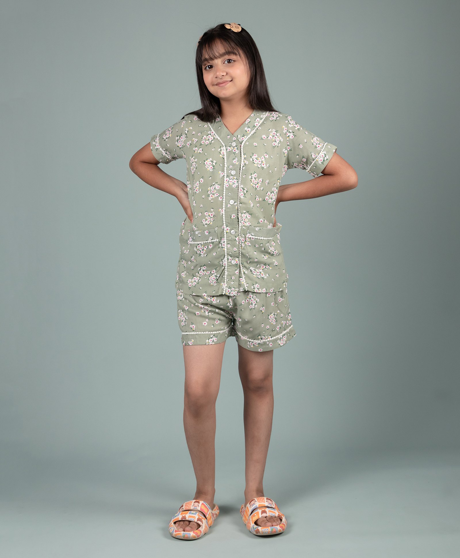 tweeny mini Rayon Knit Half Sleeves Floral Printed Coordinating Shirt & Shorts Set - Light Green-picture-19
