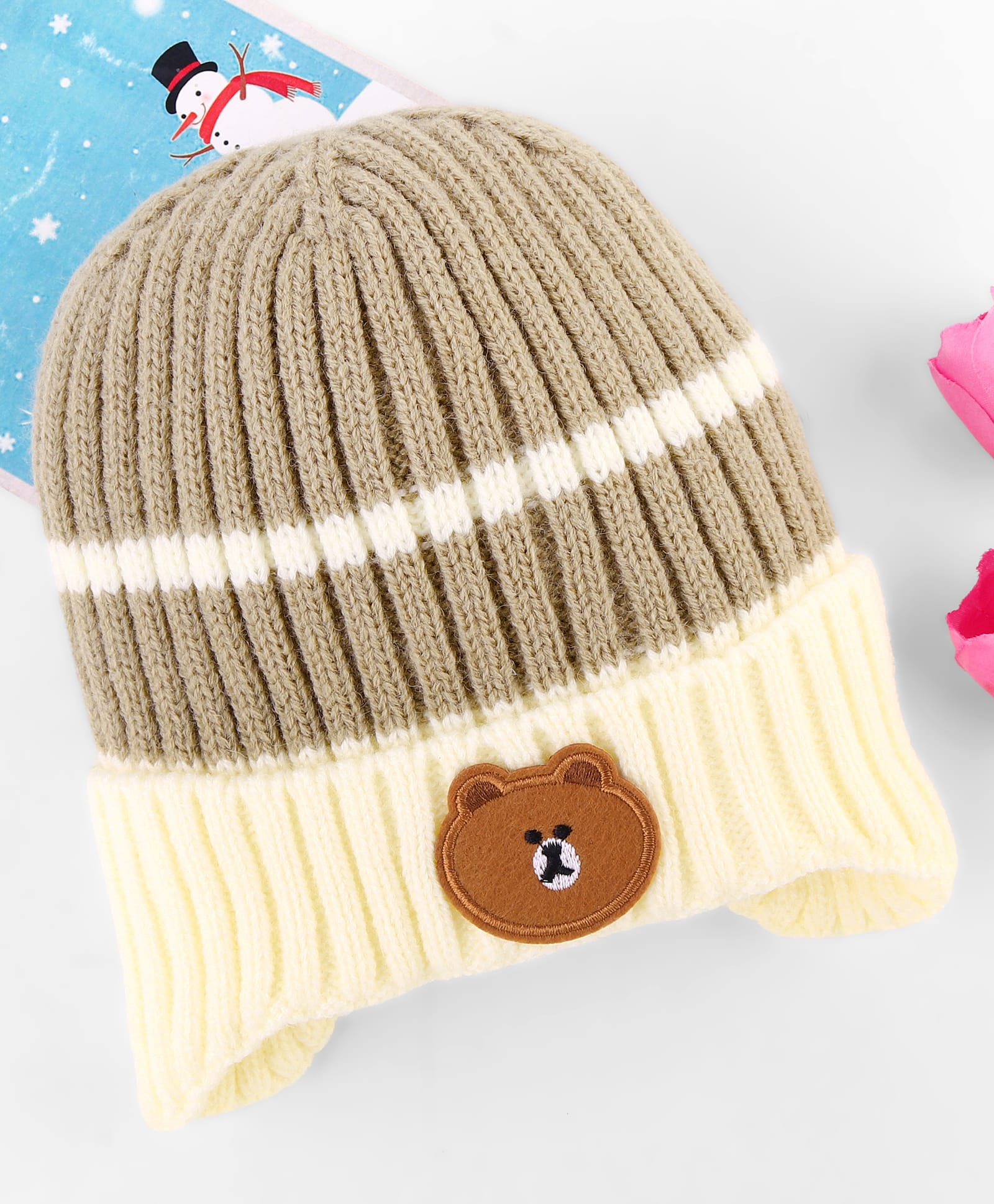 Babyhug Woollen Cap with Bear Applique Grey & Beige - Diameter 11.5 cm-picture-25
