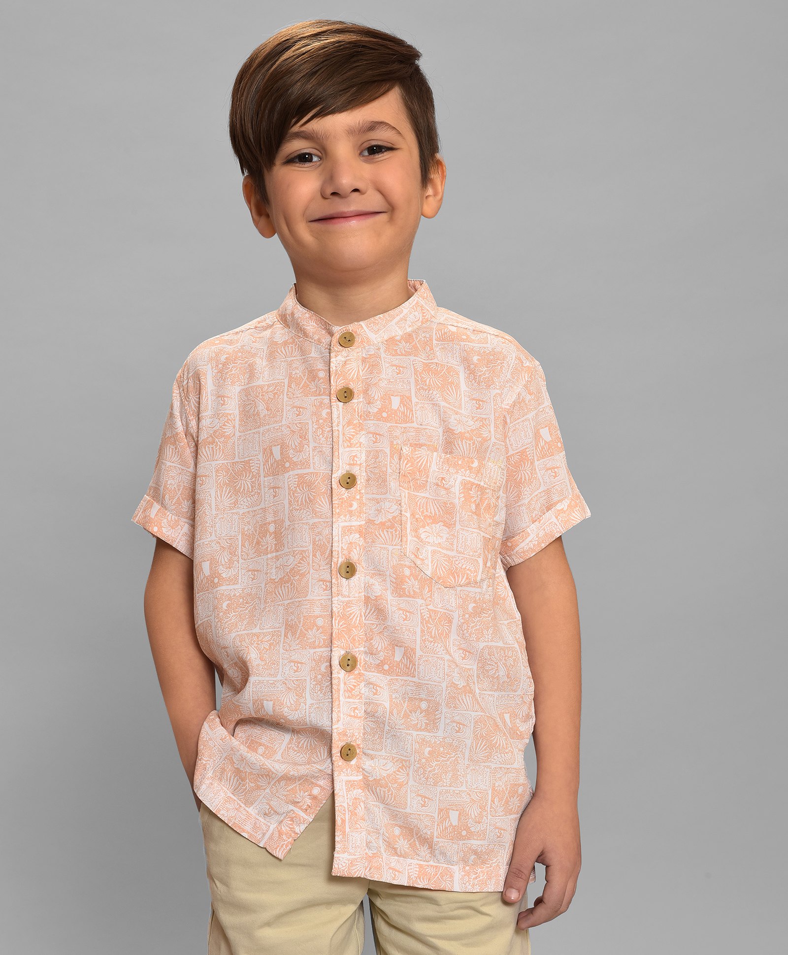 Mi Arcus Half Sleeves Leaves Printed Shirt - Beige-image-0