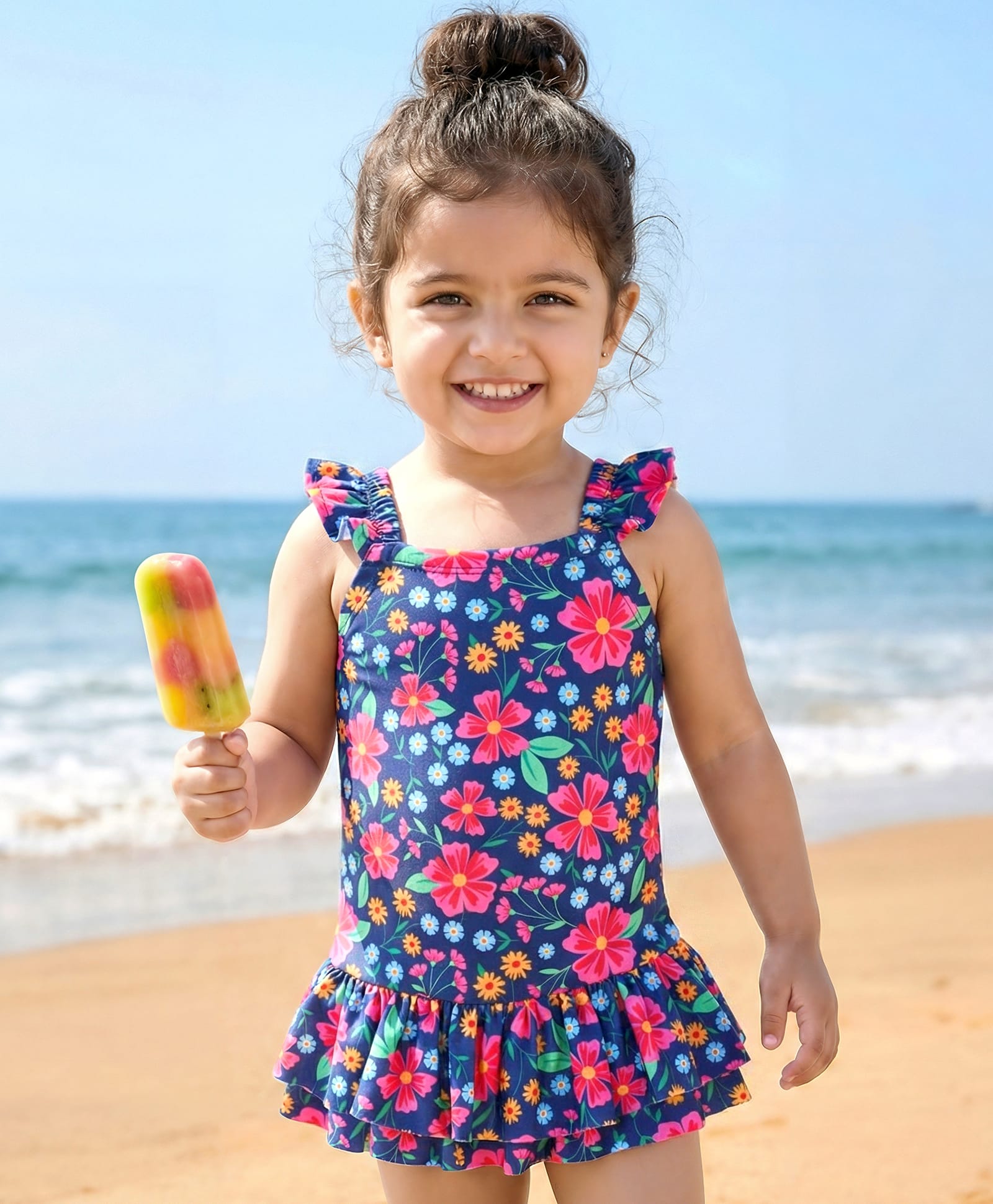 Babyhug Sleeveless Frock Style Swimsuit Floral Print - Navy Blue-image-46