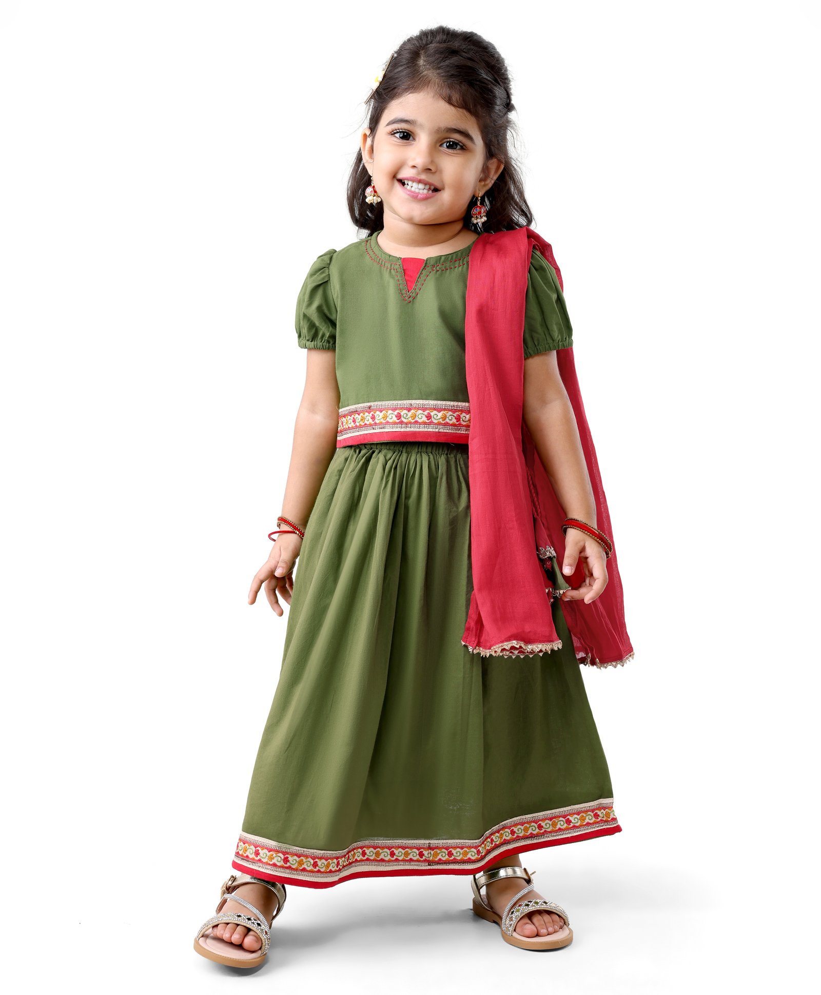 Earthy Touch Cotton Woven Half Sleeves Choli Lehenga Set With Dupatta - Green & Red-image-23