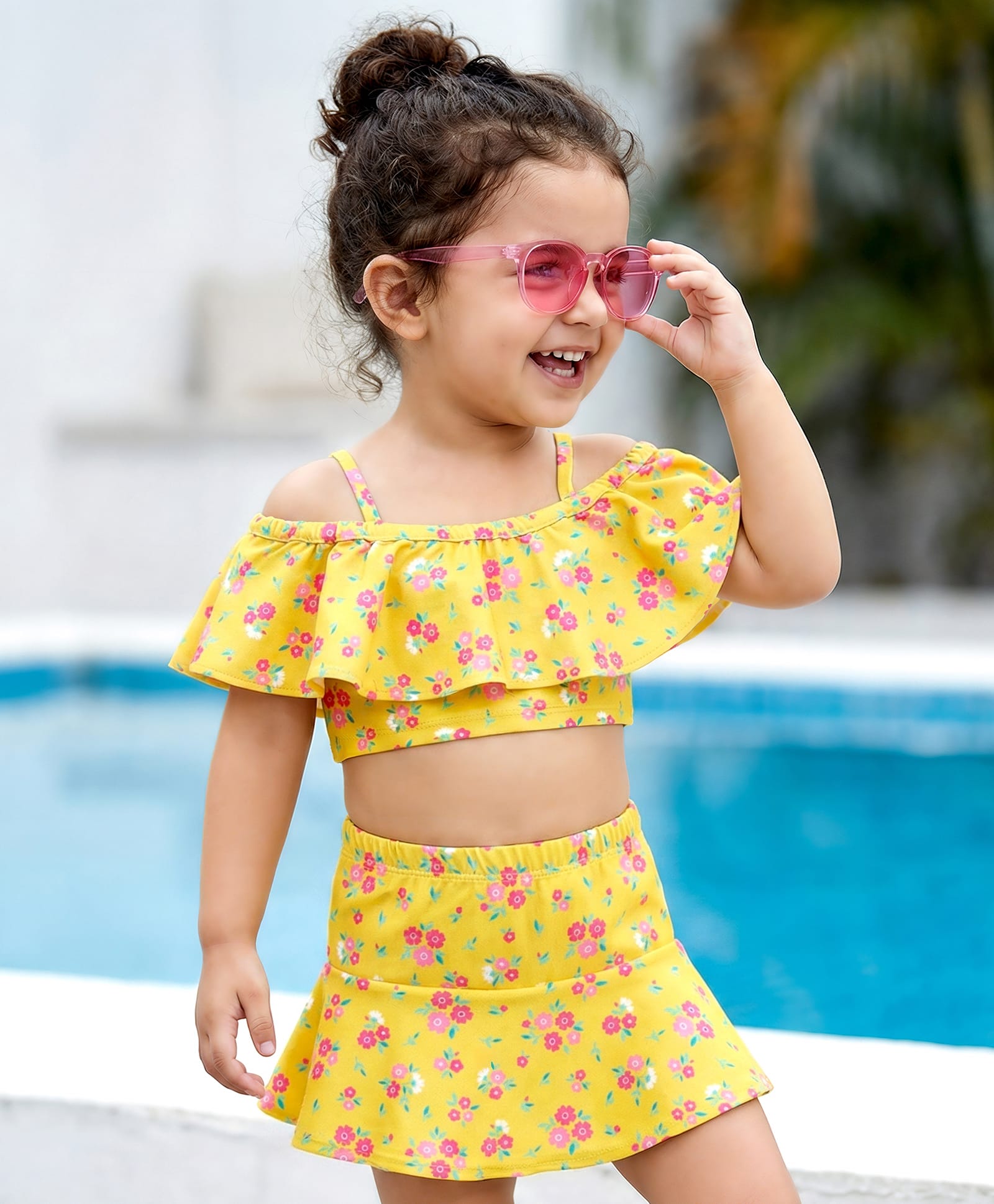 Babyhug Cold Shoulder Sleeves  Two Piece Swim Suit with Floral Print - Yellow-image-4