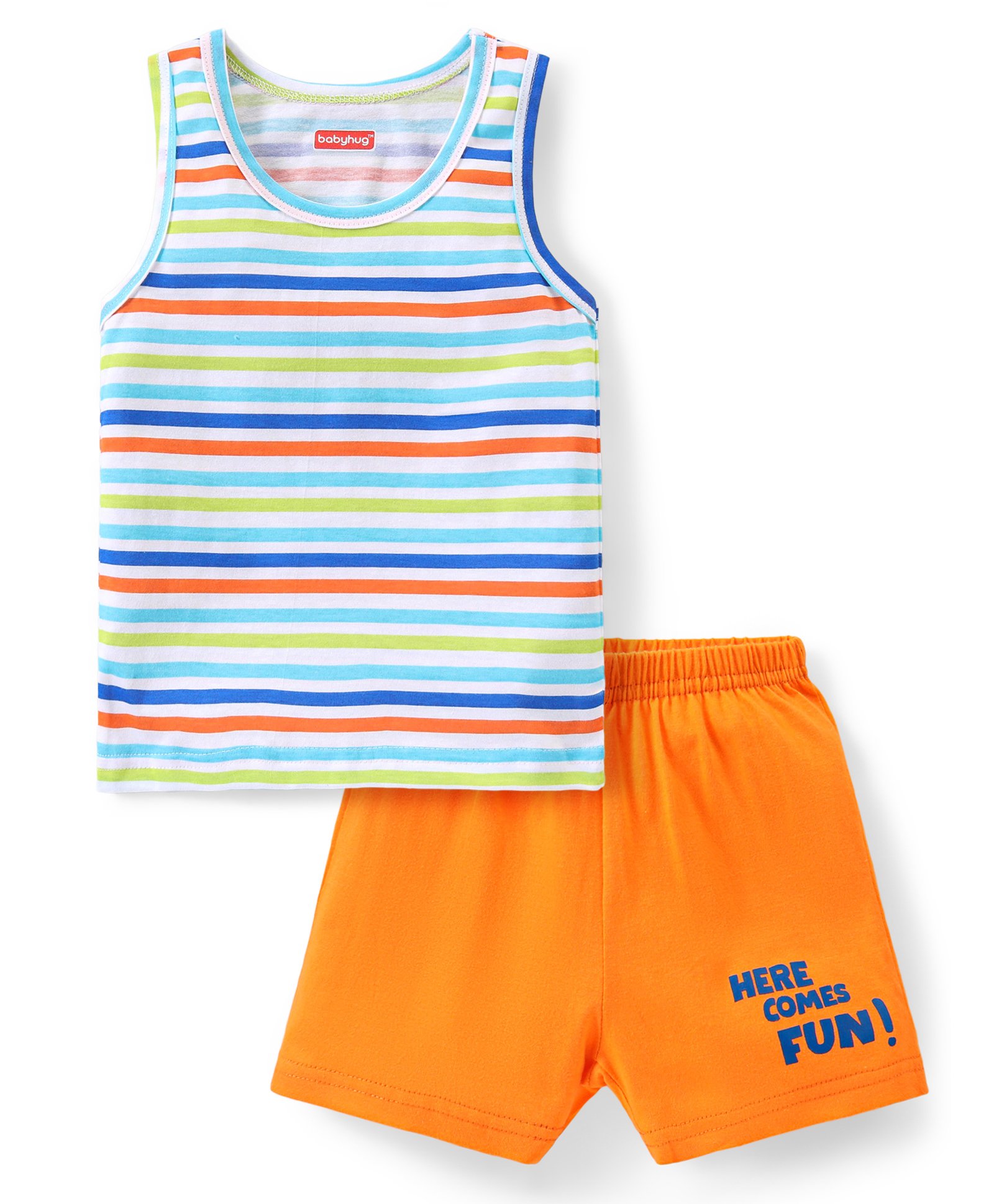 Babyhug 100% Cotton Knit Sleeveless Striped Sando & Shorts Set - Multicolour-image-1