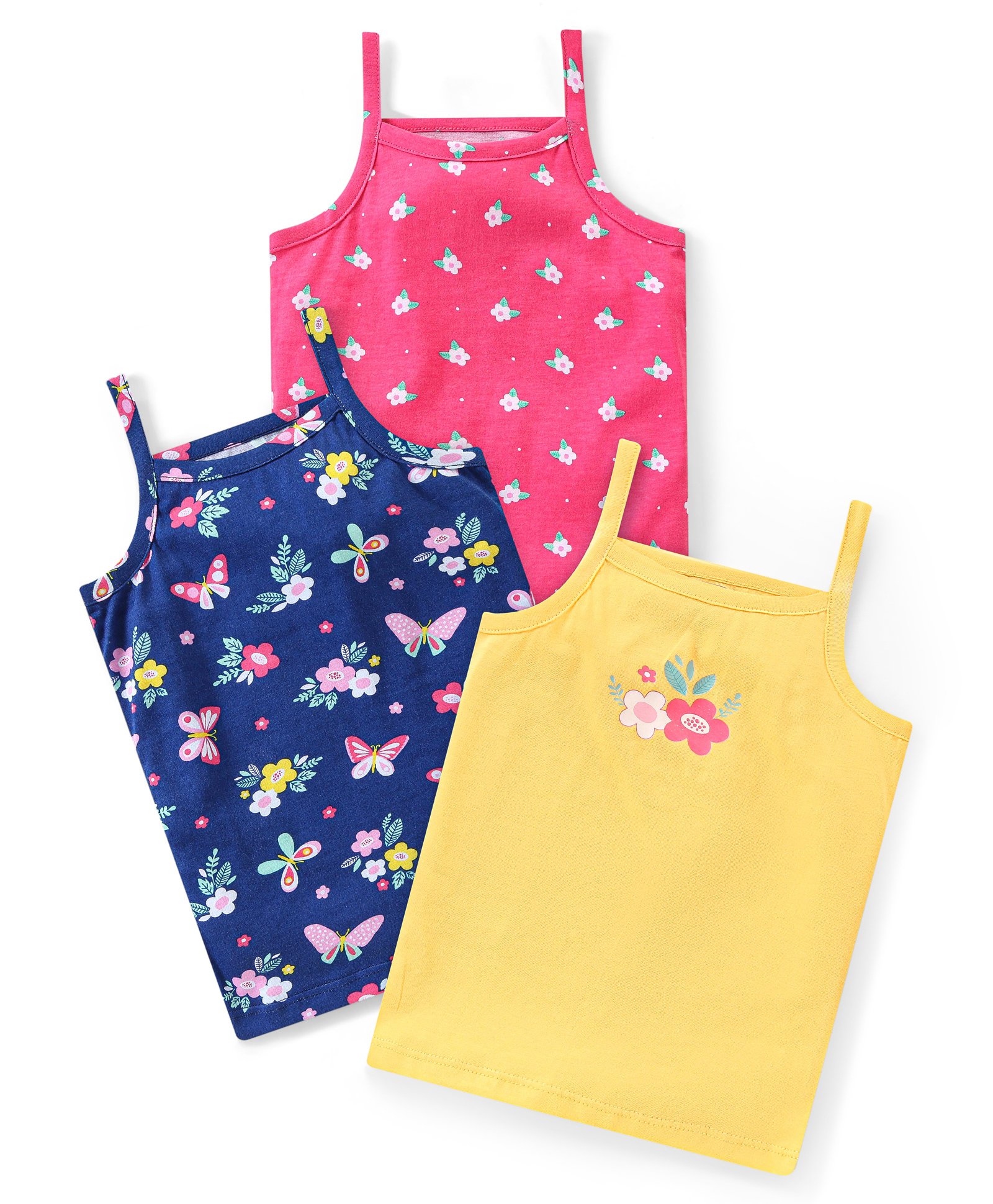 Babyhug 100% Cotton Knit Sleeveless Slips Floral & Butterfly Print Pack Of 3 - Pink Yellow & Blue-image-25