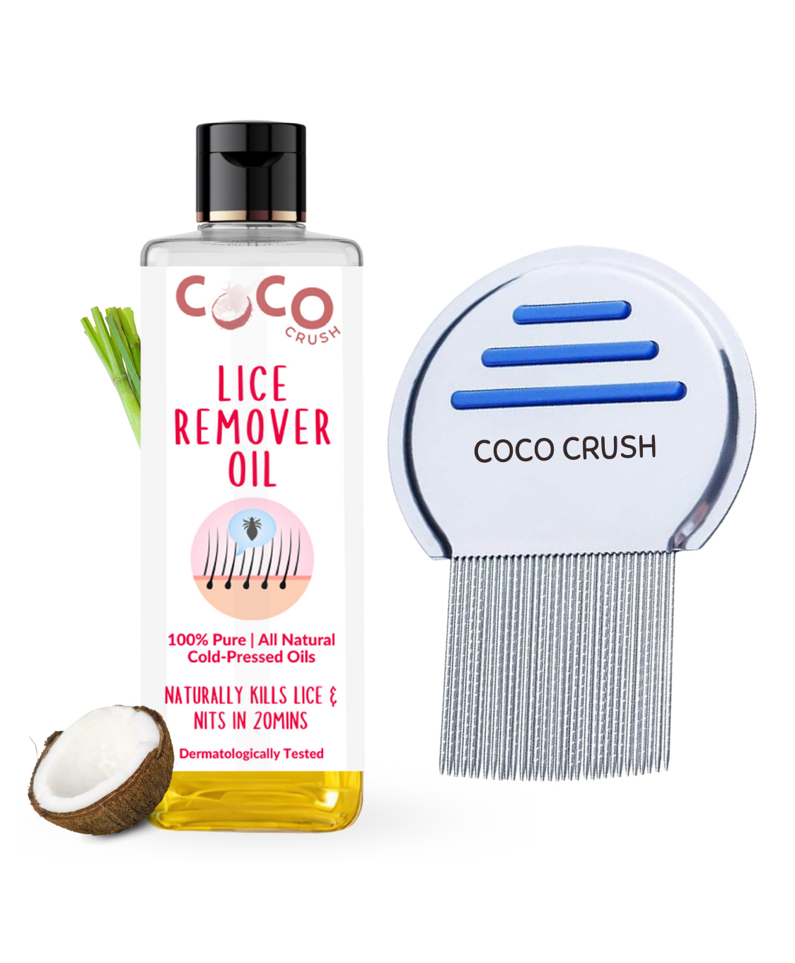 Coco Crush Lice Remover Comb & Hair Oil Set, 100% Natural, Kills Lice & Nits in 20min - 100ml Lice Oil & Comb-image-0