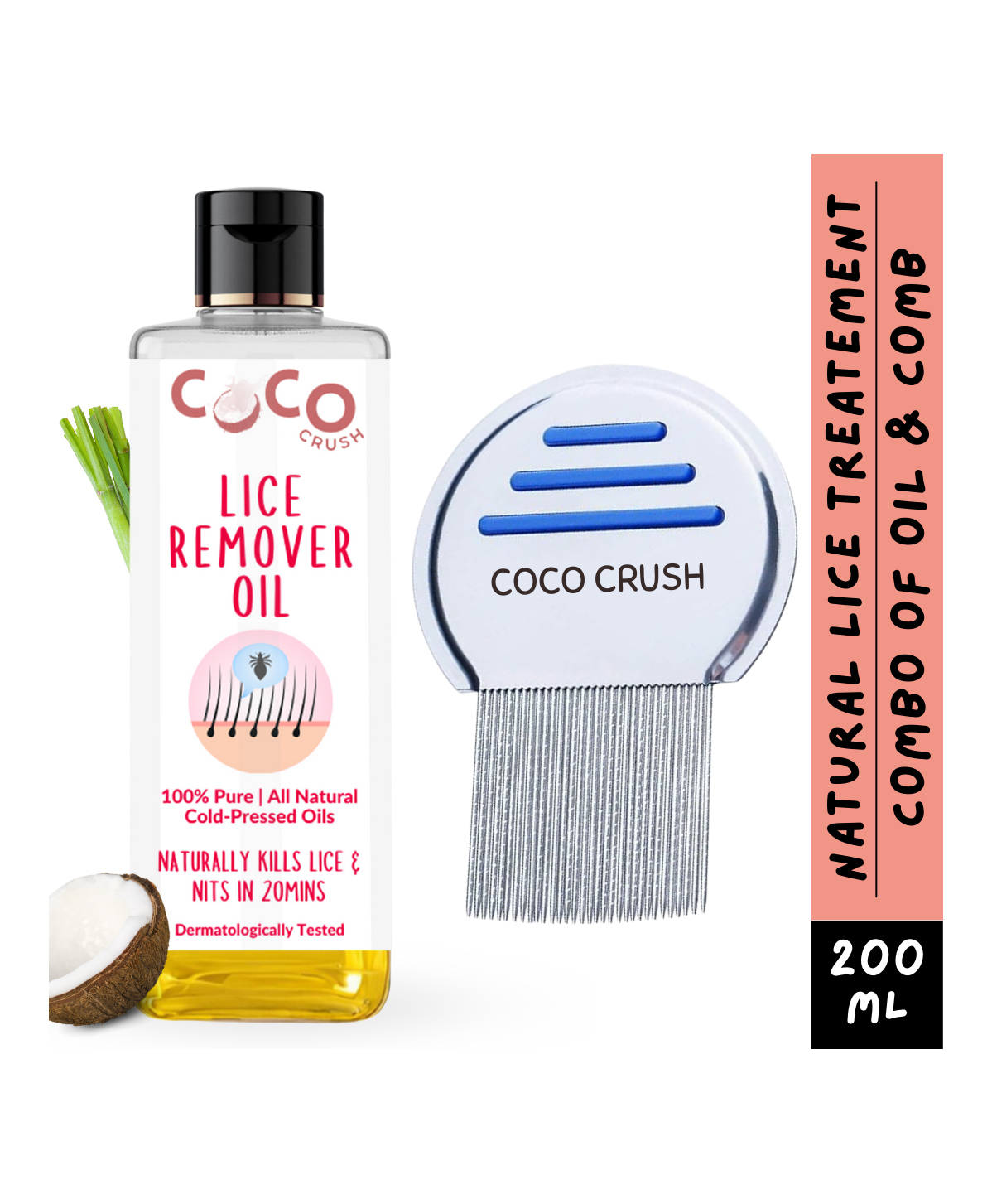Coco Crush Lice Remover Comb & Hair Oil Set, 100% Natural, Kills Lice & Nits in 20min - 200ml Lice Oil & Comb-image-3
