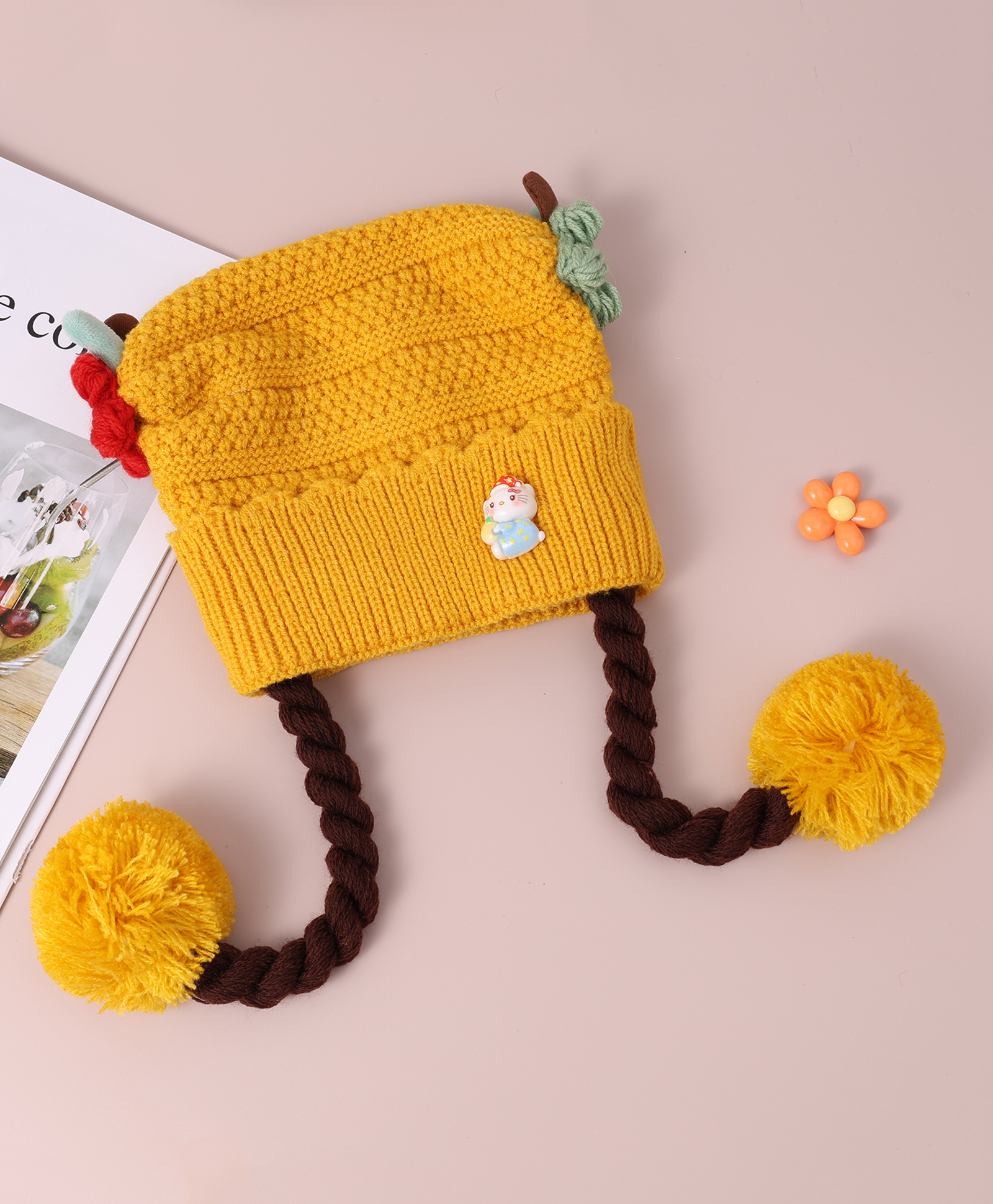 Babyhug Woollen Tie Knot Cap with Pom Pom - Yellow-picture-10