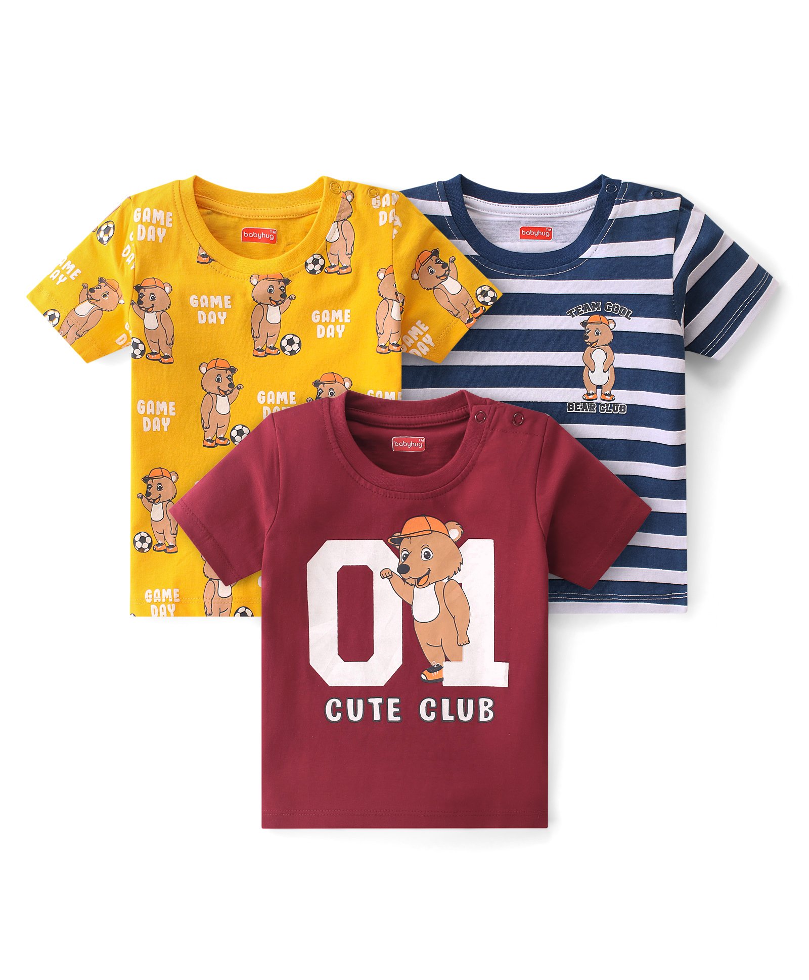 Babyhug Cotton Knit Half Sleeves Striped & Bear with Football Printed T-Shirts Pack of 3 - Red Yellow & Blue-image-47