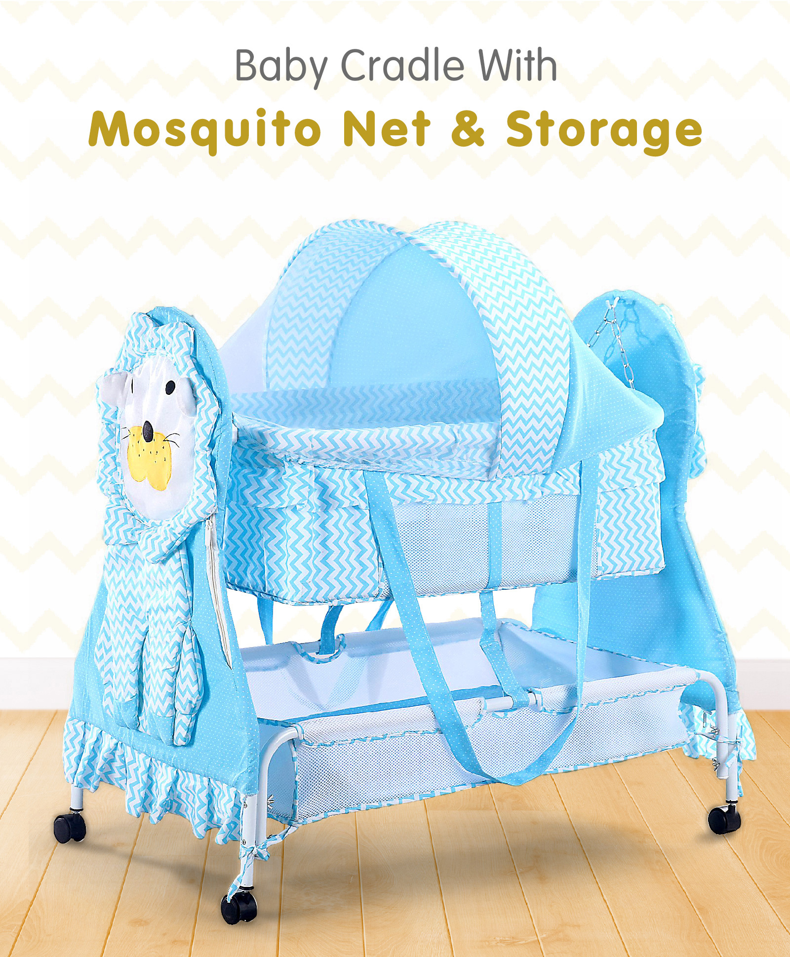 Baby Cradle With Mosquito Net & Storage Lion Shaped - Blue