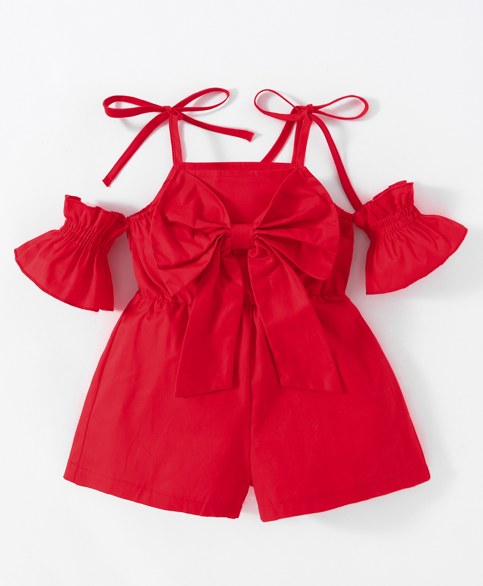 Kookie Kids Off Shoulder Sleeves Solid Color Jumpsuit with Bow Applique - Red-picture-14