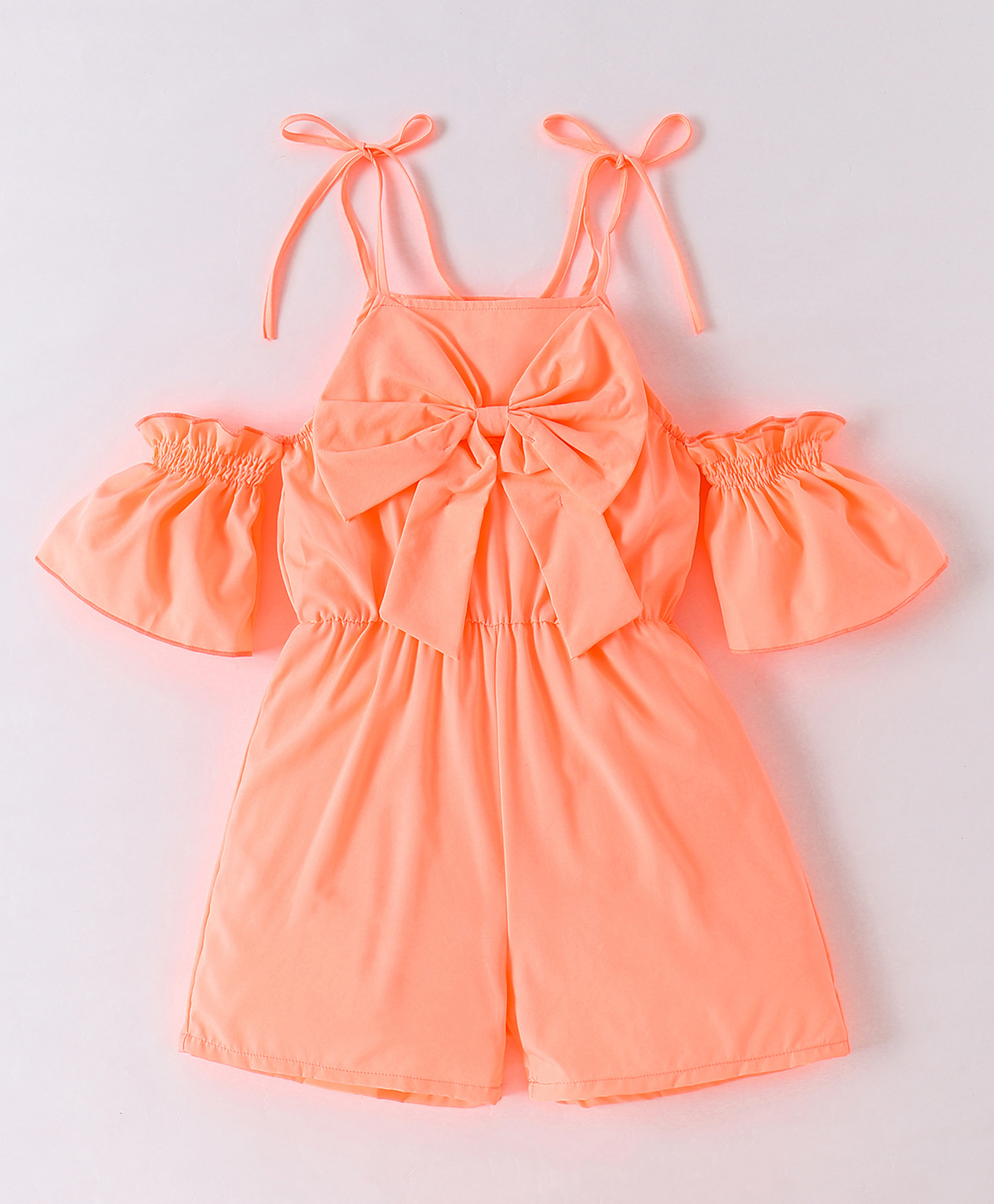 Kookie Kids Off Shoulder Sleeves Solid Color Jumpsuit with Bow Applique - Peach-picture-10