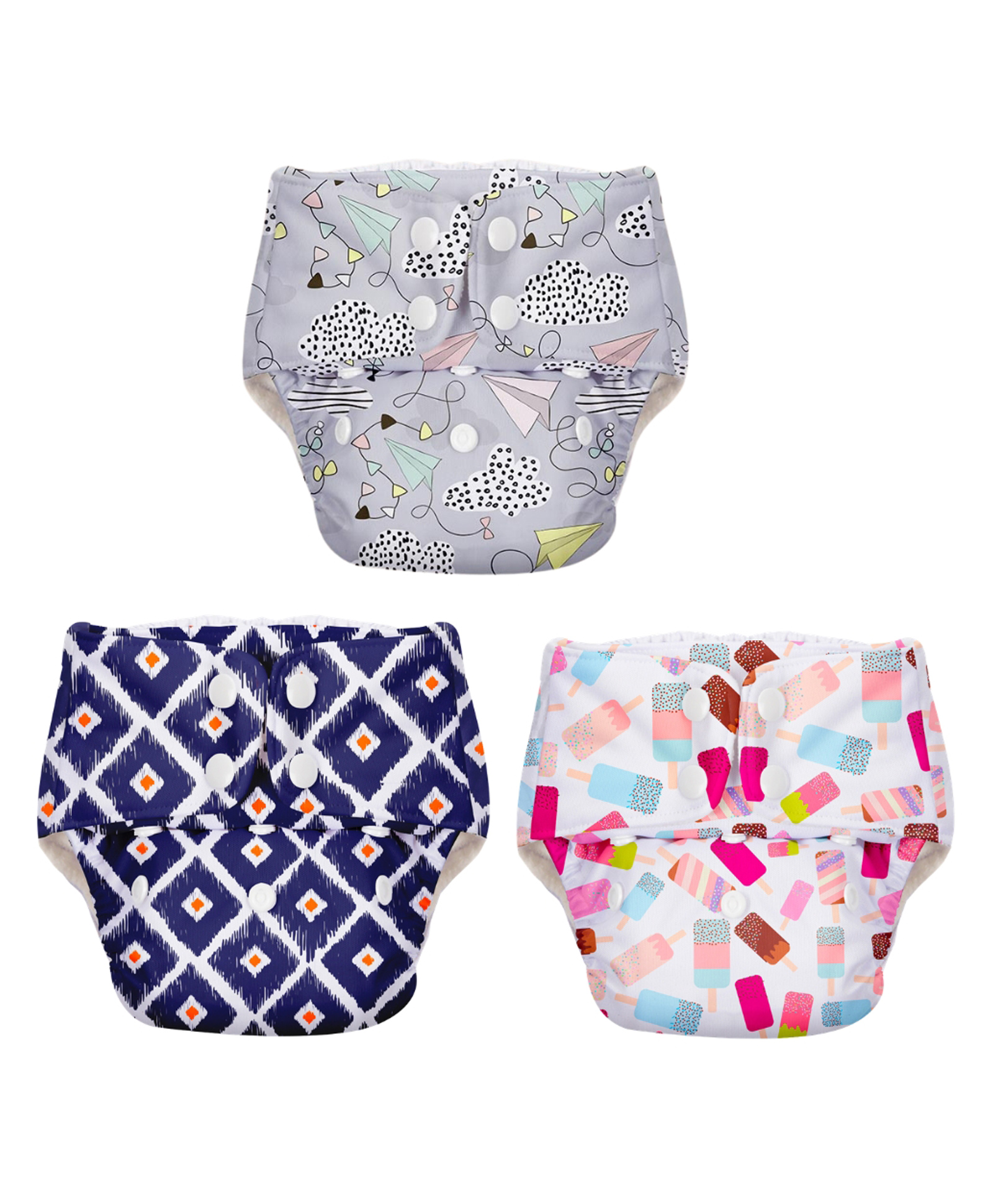 BASIC Freesize Adjustable Washable and Reusable Cloth Diapers Pack of 3 - Assorted Prints (Colour May Vary)-image-3