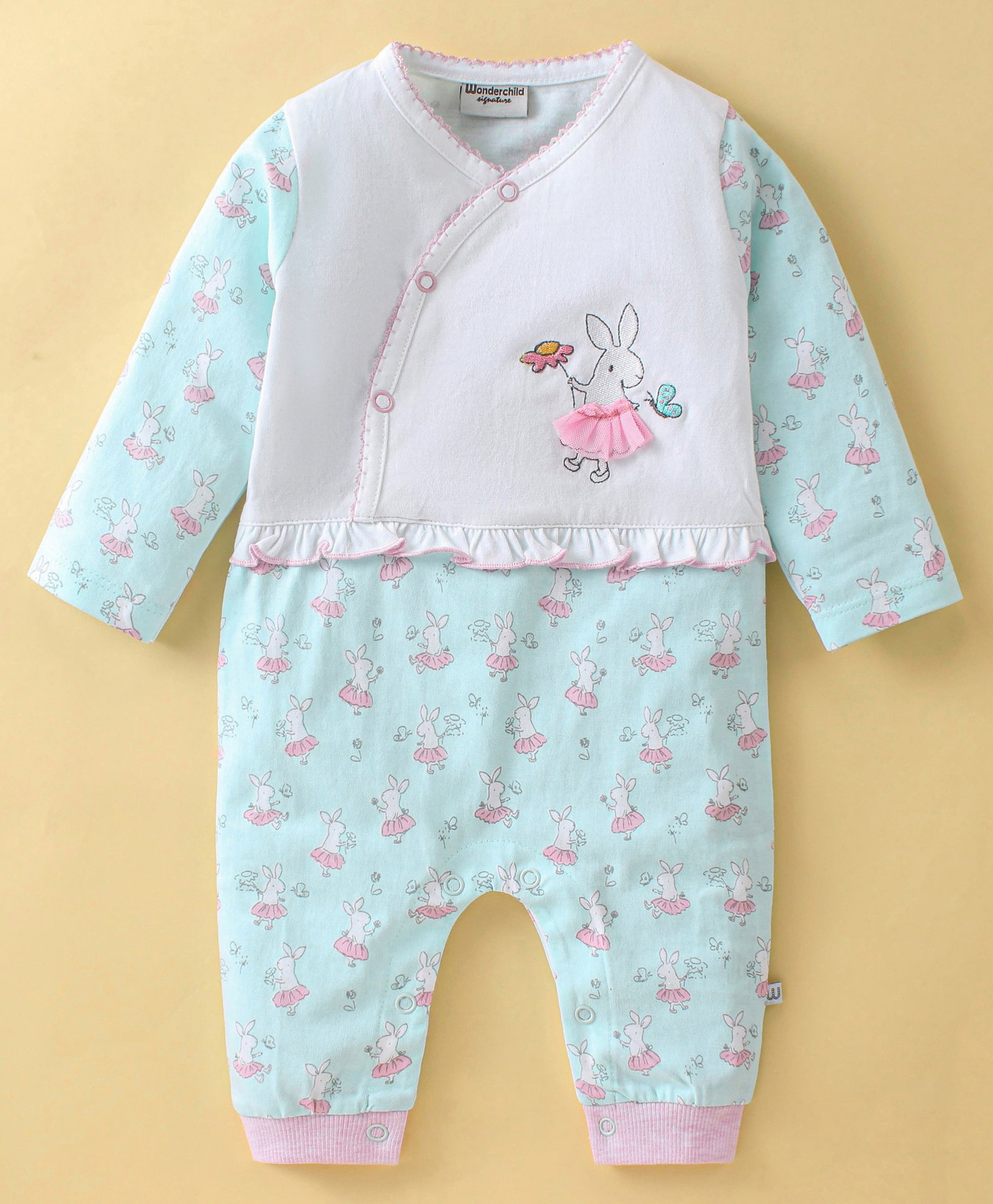 Wonderchild Full Sleeves Rabbits Printed Romper - White & Blue-image-6