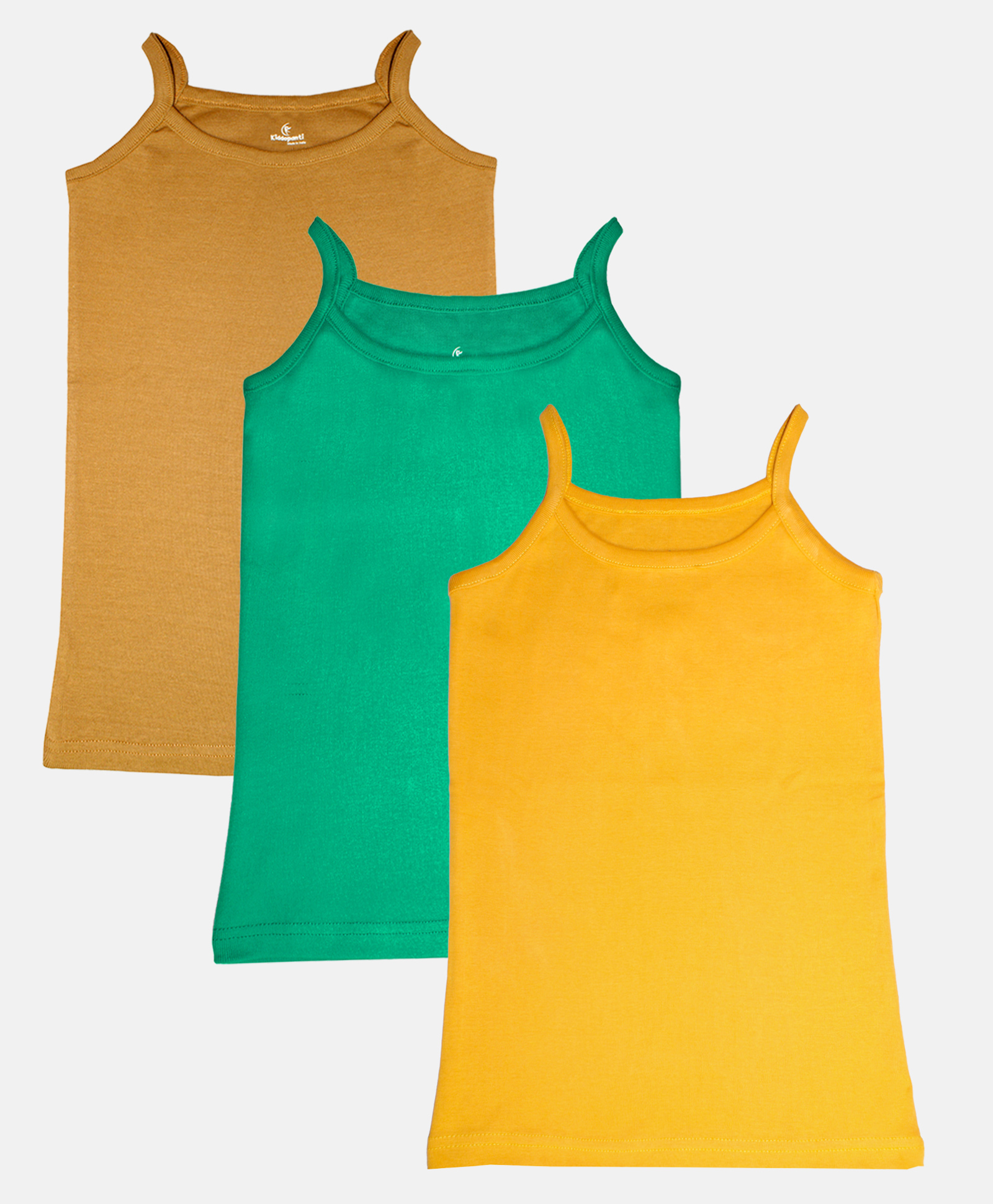 Kiddopanti Pack Of 3 Sleeveless Solid Camisoles - Brown Green & Mustard Yellow-image-6