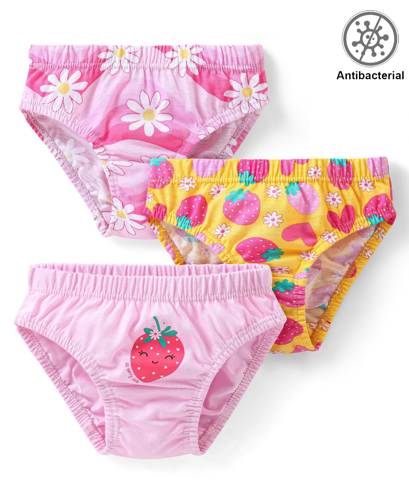 babyhug 100% cotton antibacterial panties fruits and floral print pack of 3 - pink