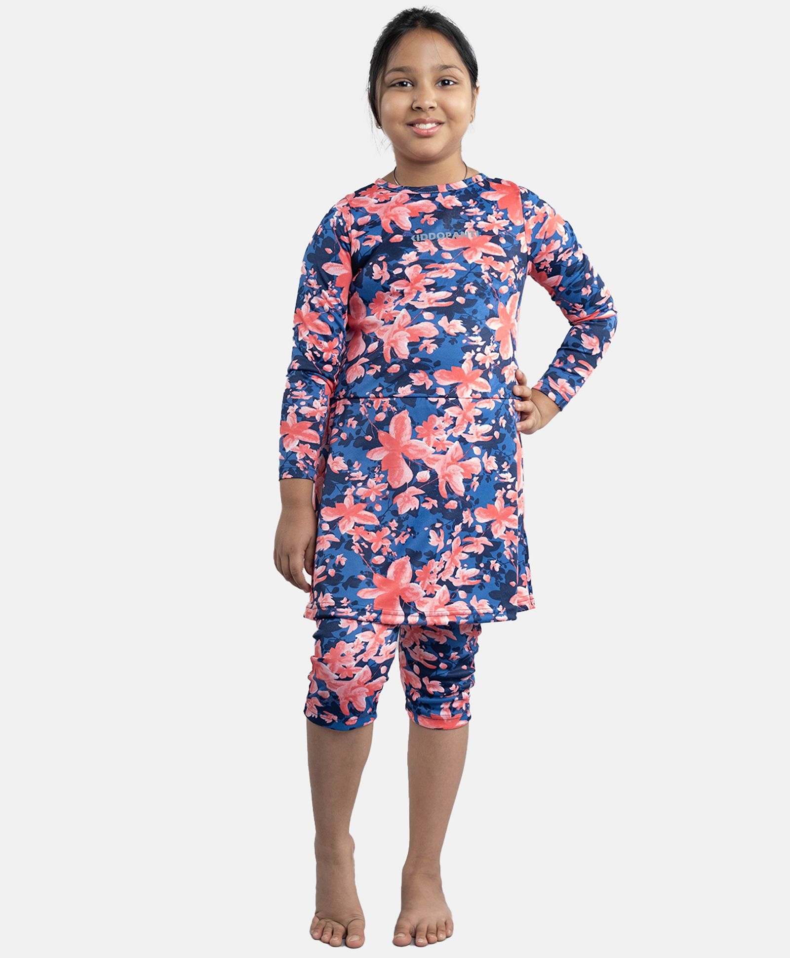 Kiddopanti Full Sleeves Floral Printed Jammer Swim Dress - Blue & Red-image-1