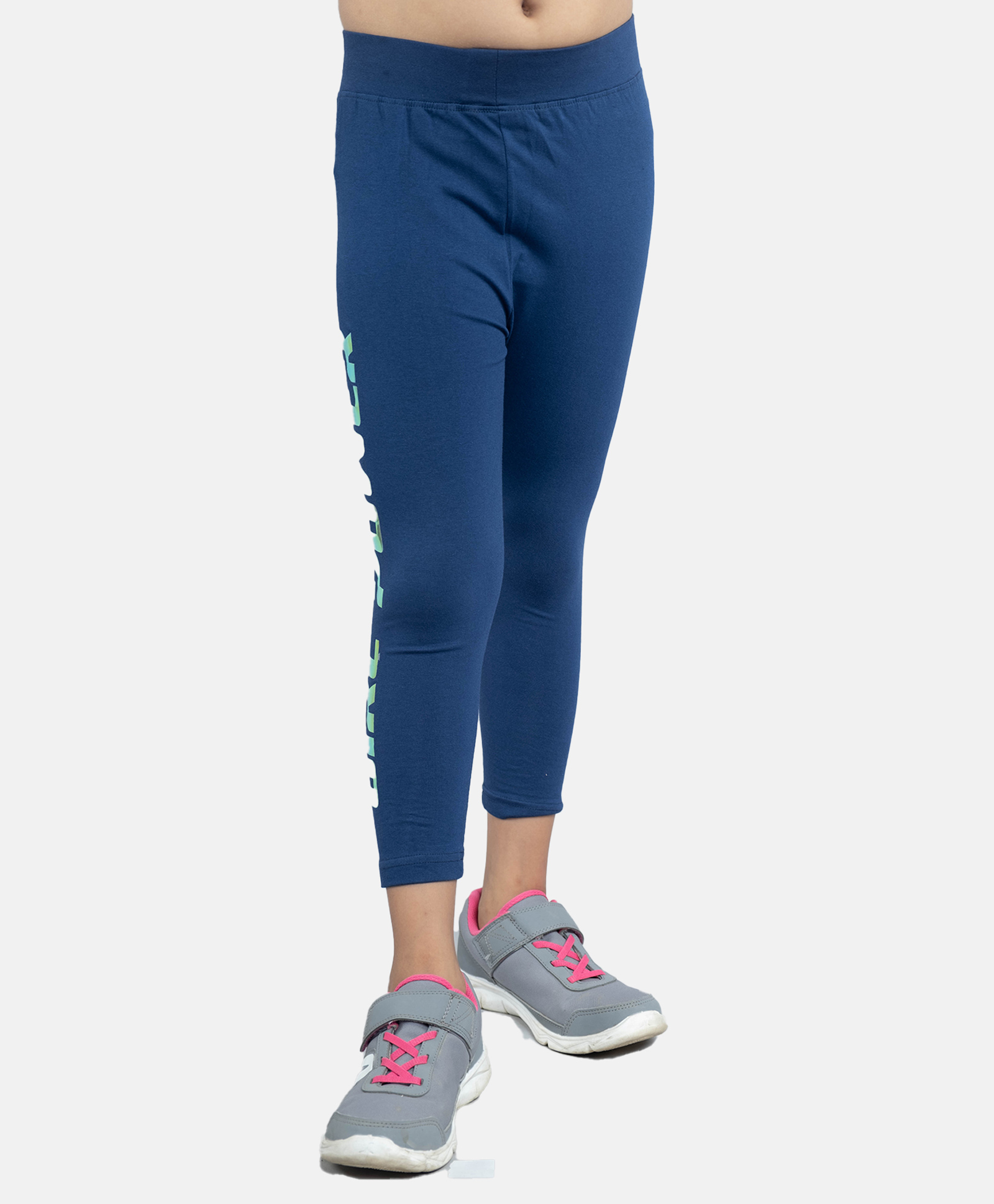 Kiddopanti Cotton Lycra Girls Power Text  Printed Capri Leggings - Navy Blue-picture-10