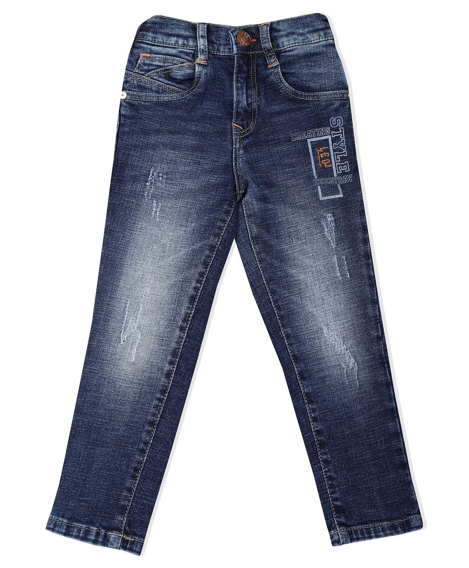 LEO Brand Name Printed & Mild Distressed Stone Wash Denim Jeans - Blue-image-22