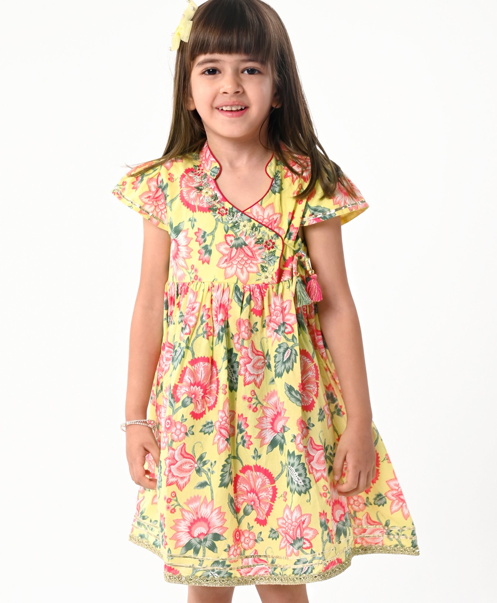 Babyhug Cotton Cambric Woven Half Sleeves Embroidered Dress with Floral Print - Yellow-image-25
