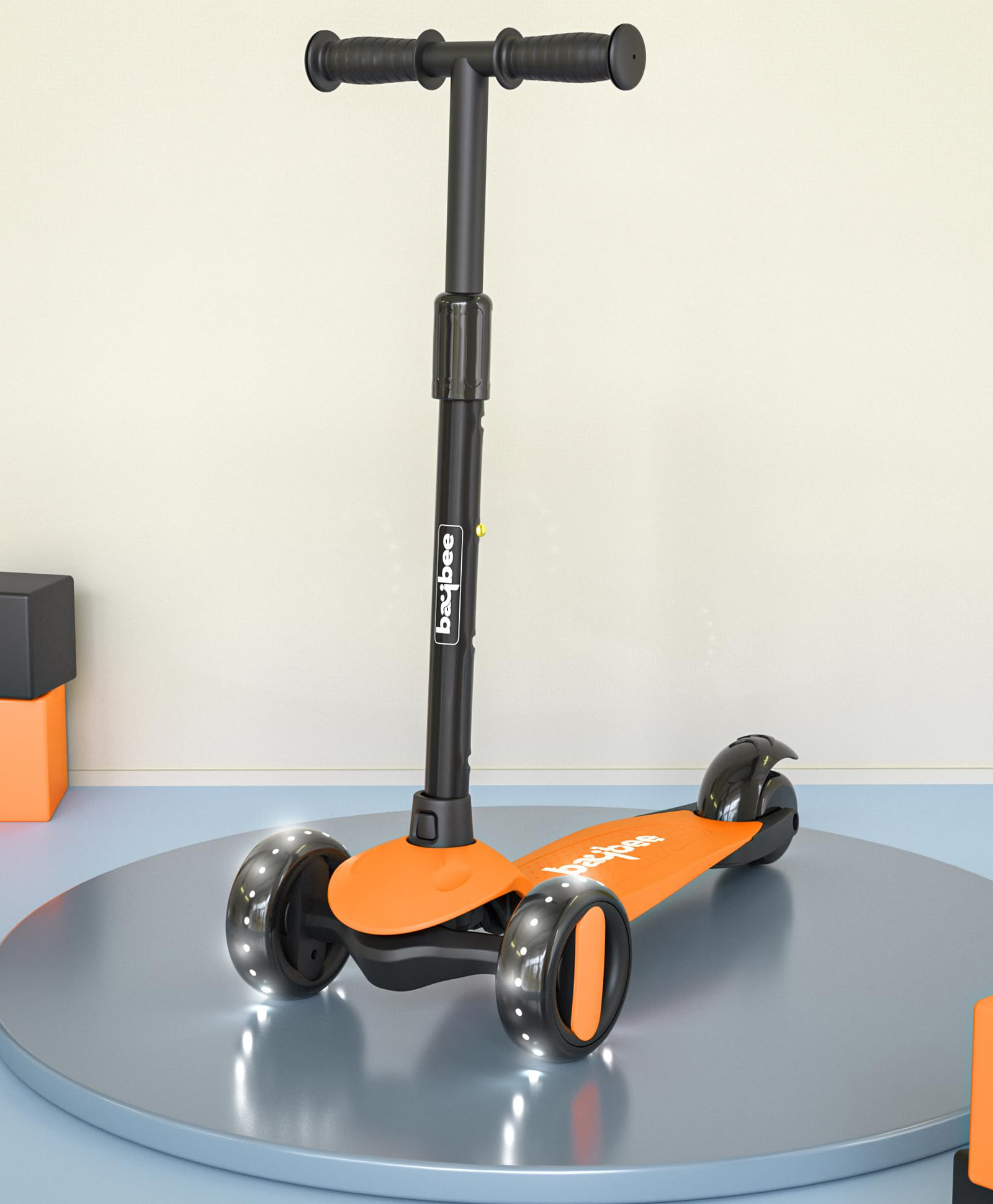 BAYBEE Alpha Kick Scooter for Kids 3 Wheel Kids Scooter with 4 Height Adjustable Handle Runner Scooter with LED PU Wheels & Brake Skate Scooter for Kids - Orange-picture-45