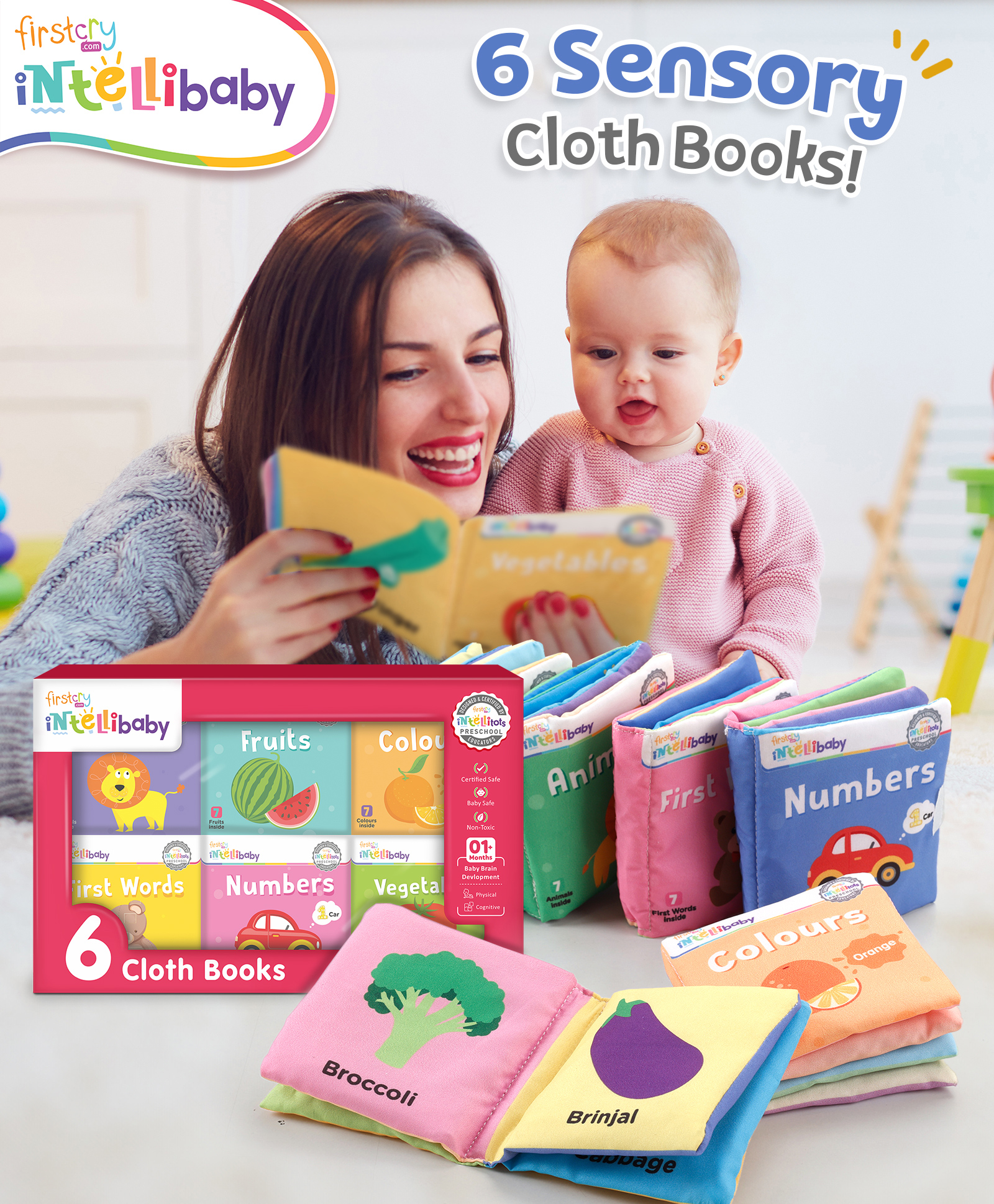 Intellibaby 6 Crinkling Sensory Washable Cloth Book Set for Babies | Animals, Fruits, Vegetables, Colours, First Words, and Numbers | Soft & Safe Tactile Play | Educator Recommended | BIS Approved - Multicolour