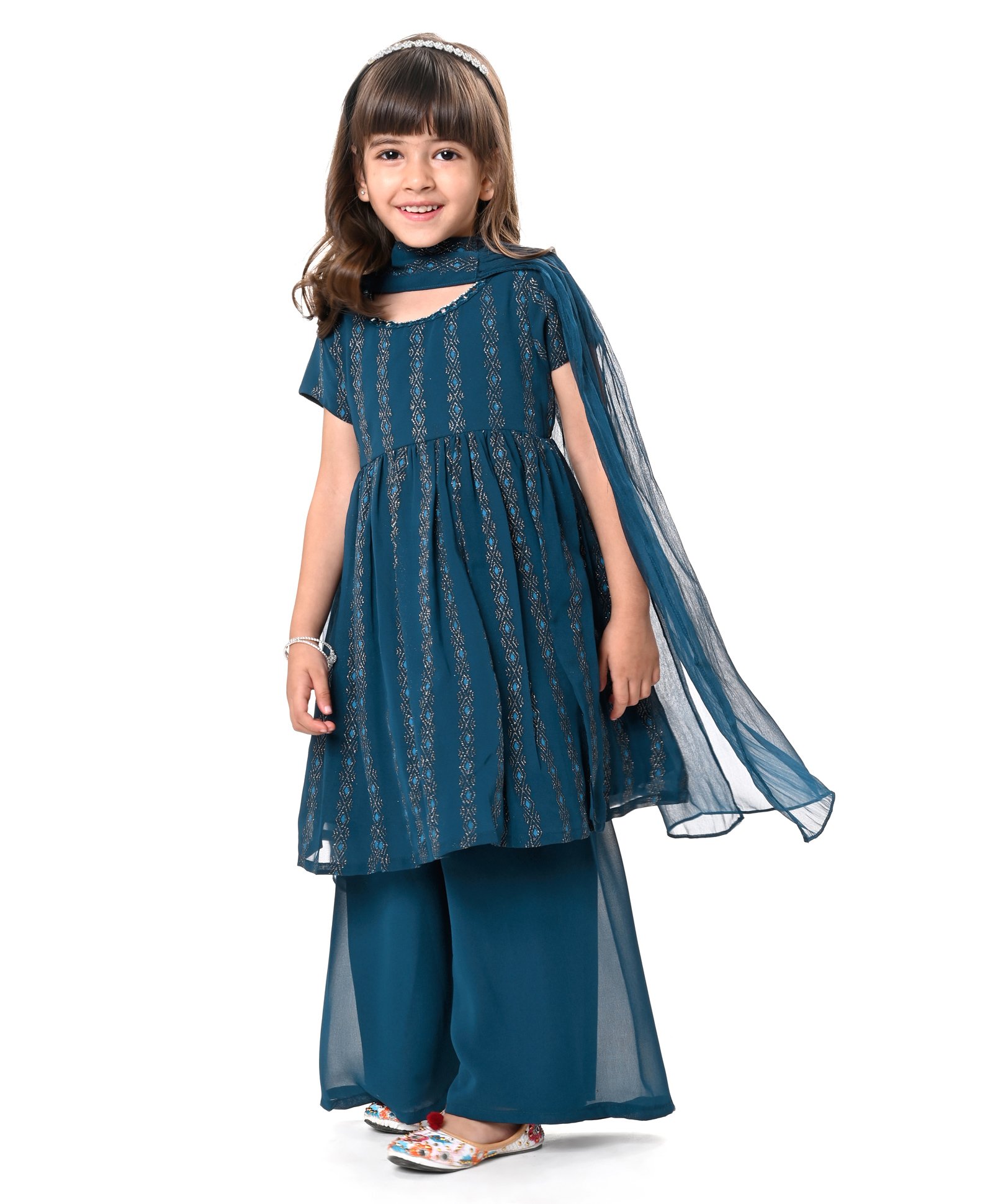 Babyhug Woven Half Sleeves Foil Printed Kurta & Sharara Set with Dupatta - Teal Blue-image-42