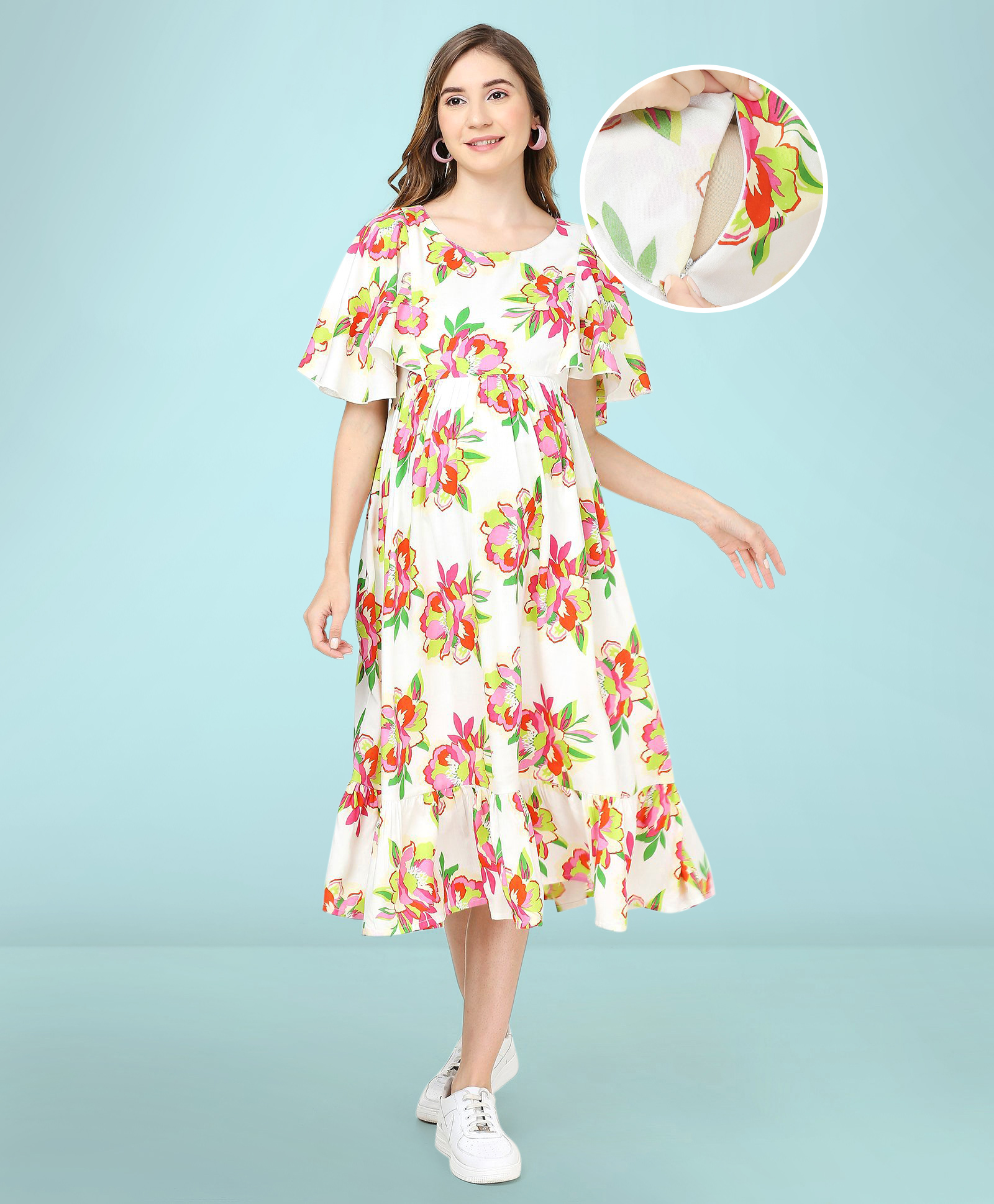 Bella Mama Woven Flutter Sleeves Maternity Dress Floral Print - White-image-33