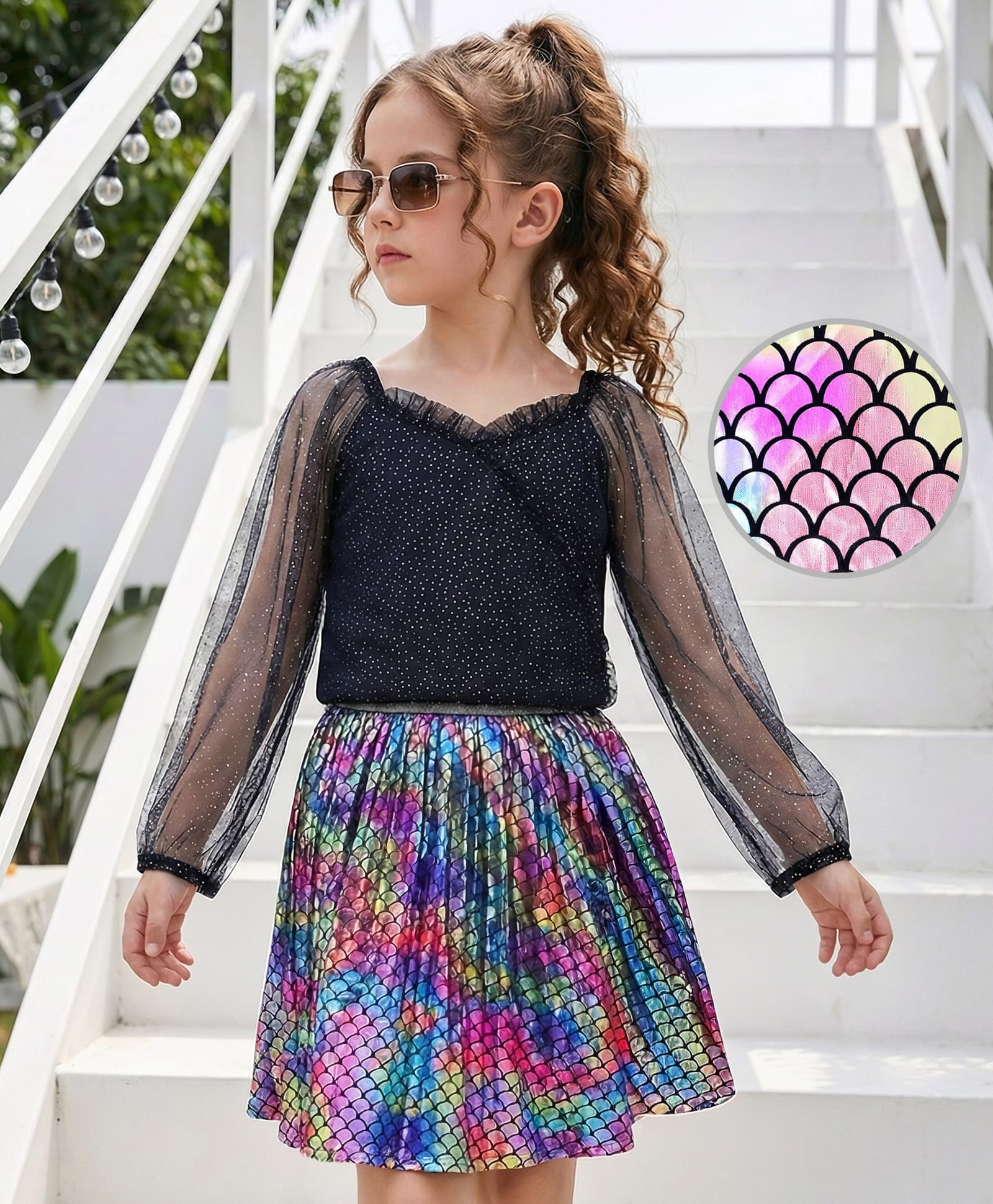 Hola Bonita Glitter Puffed Full Sleeves  Top  & Holographic Skirt with Fish Scale Print  - Multicolour-image-3