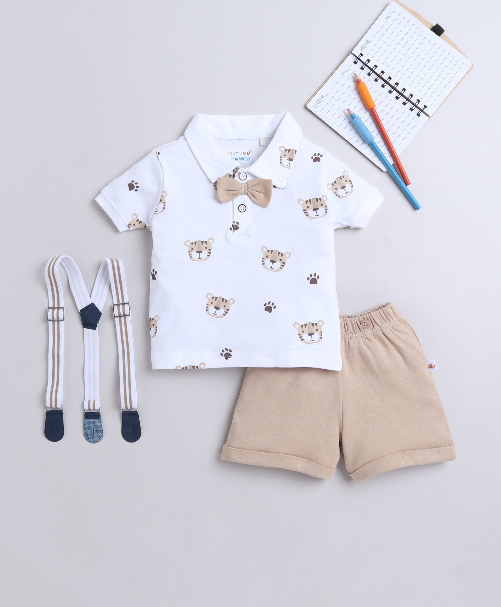 BUMZEE Half Sleeves Animal  Printed Cotton Tee &  Short Set With Suspender -  White & Brown-image-21