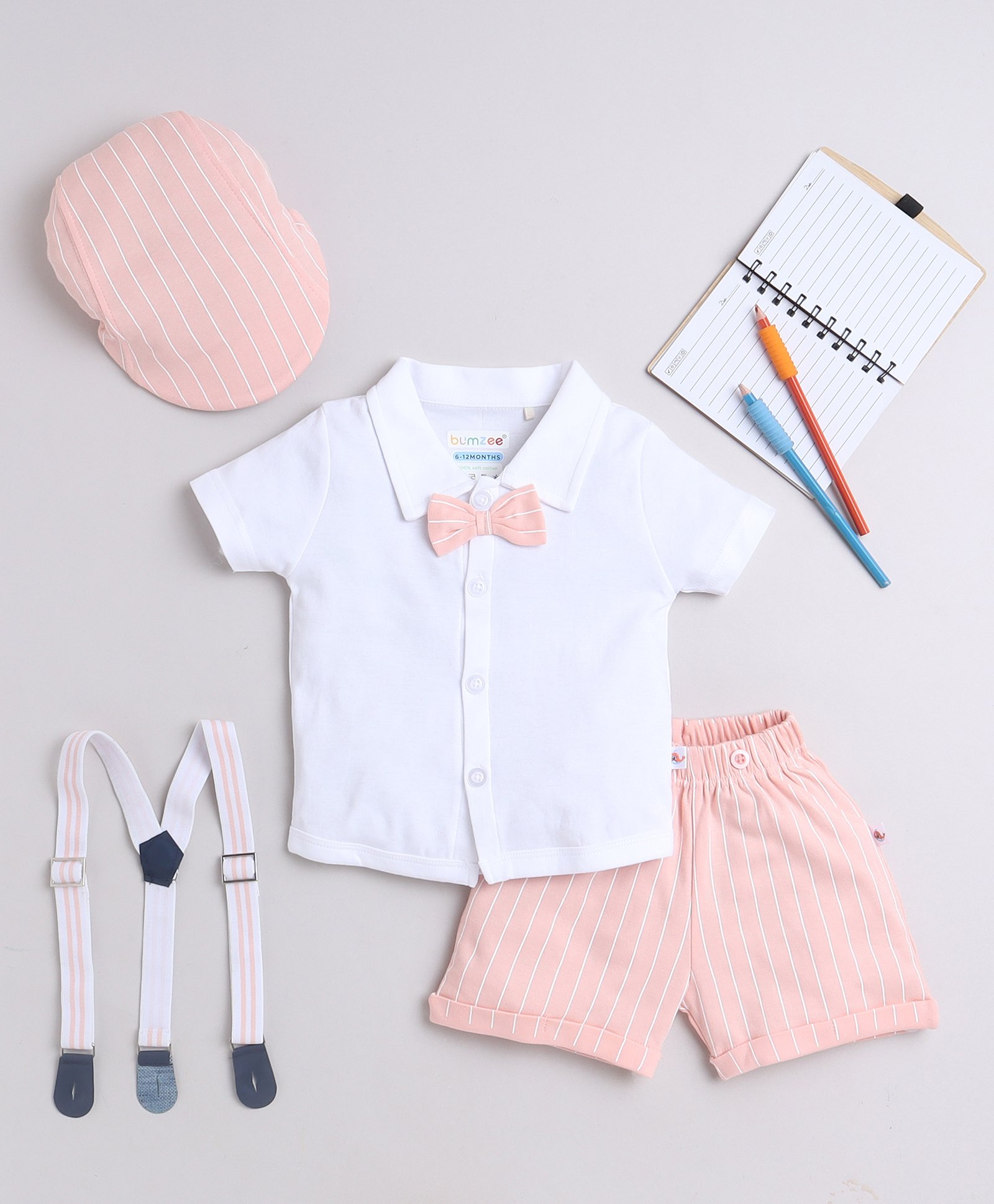 BUMZEE Half Sleeves Solid Shirt & Checked Short  With Suspender Cap Set -  White & Peach-image-4