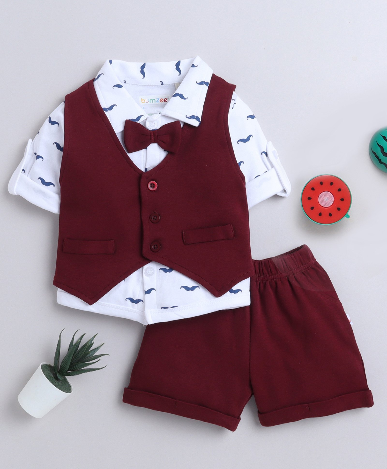 BUMZEE Full Sleeves Solid & Moustache Printed 3 Piece Shirt With Shorts - Maroon & White-picture-24