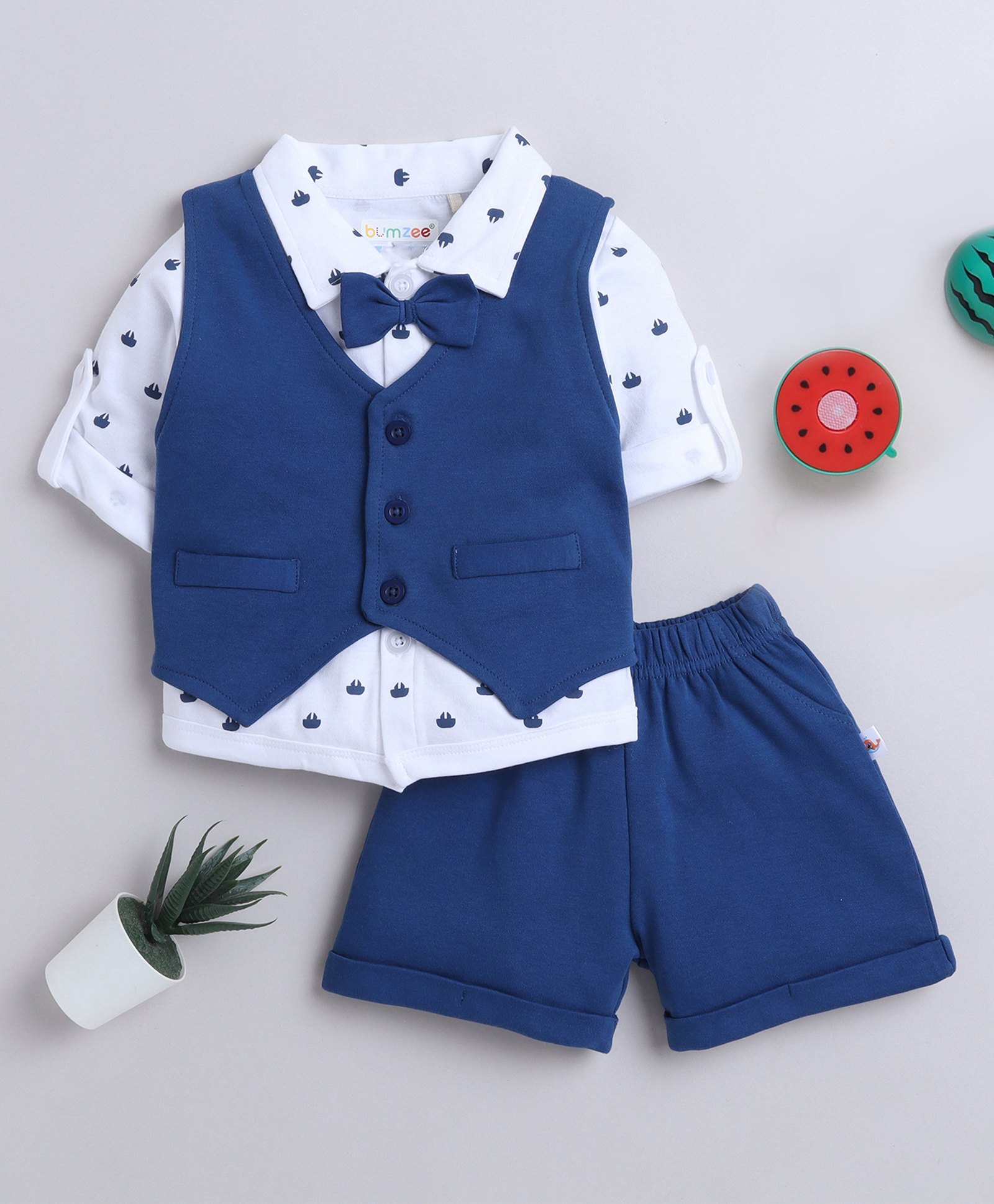 BUMZEE Full Sleeves Solid & Abstract Printed 3 Piece Shirt With Shorts - Navy & White-picture-24