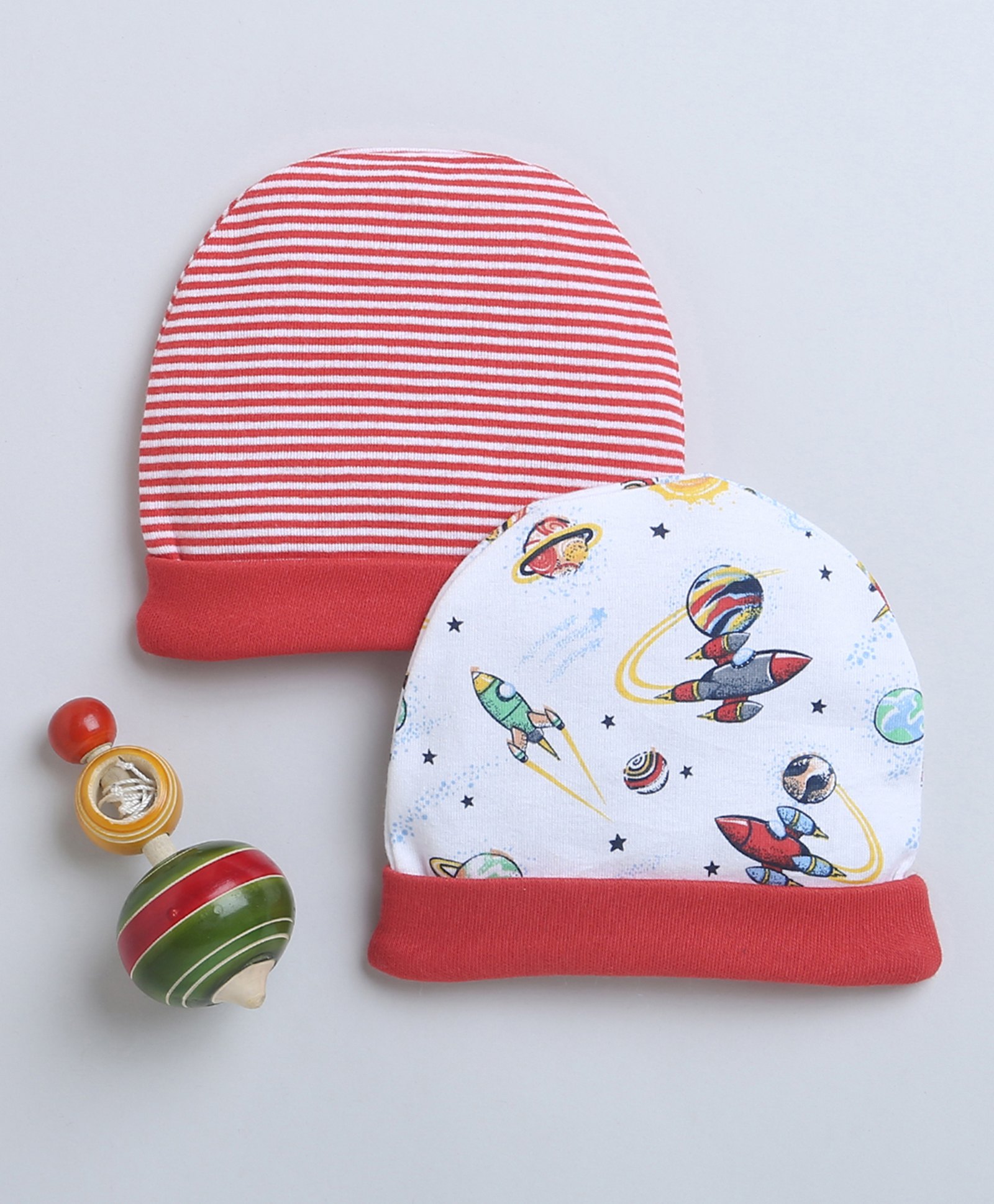 BUMZEE Pack Of 2 Striped & Space Theme Printed Round Caps - Red & White-picture-34
