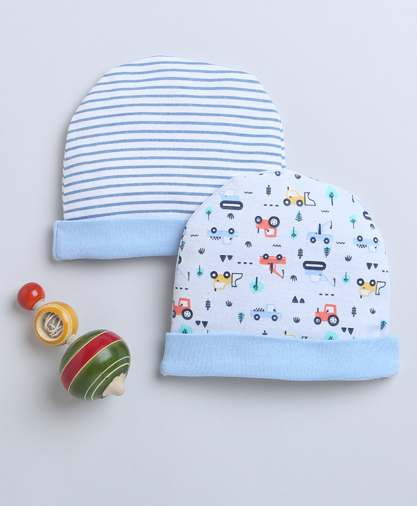BUMZEE Pack Of 2 Striped & Vehicles Printed Round Caps - Sky Blue & White-picture-36