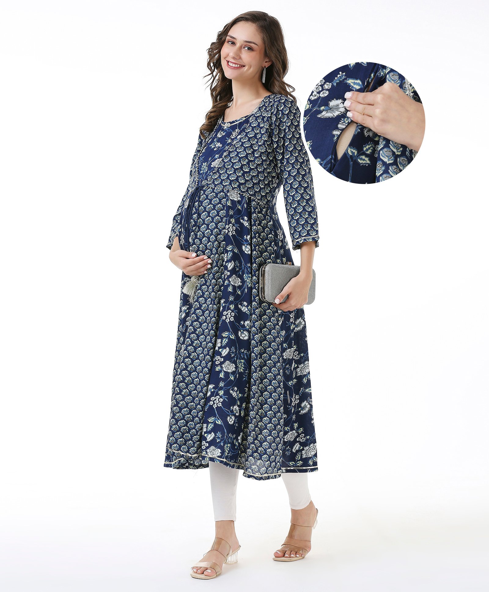 Bella Mama Three Fourth Sleeves Floral Printed Overlapped Maternity Kurta With Pocket - Blue-image-33