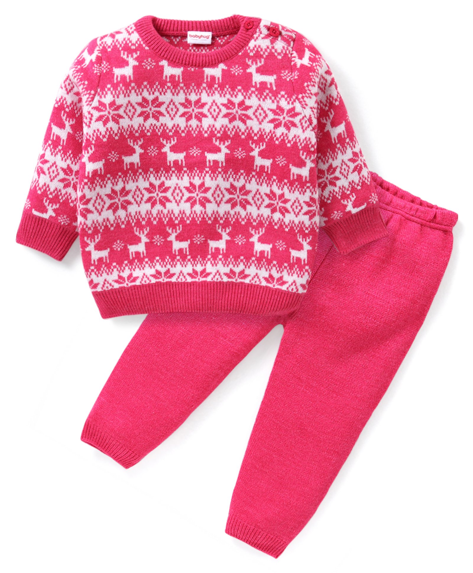 Babyhug Knit Full Sleeves Pull Over Sweater Set with Snow Flakes Design - Pink-image-13