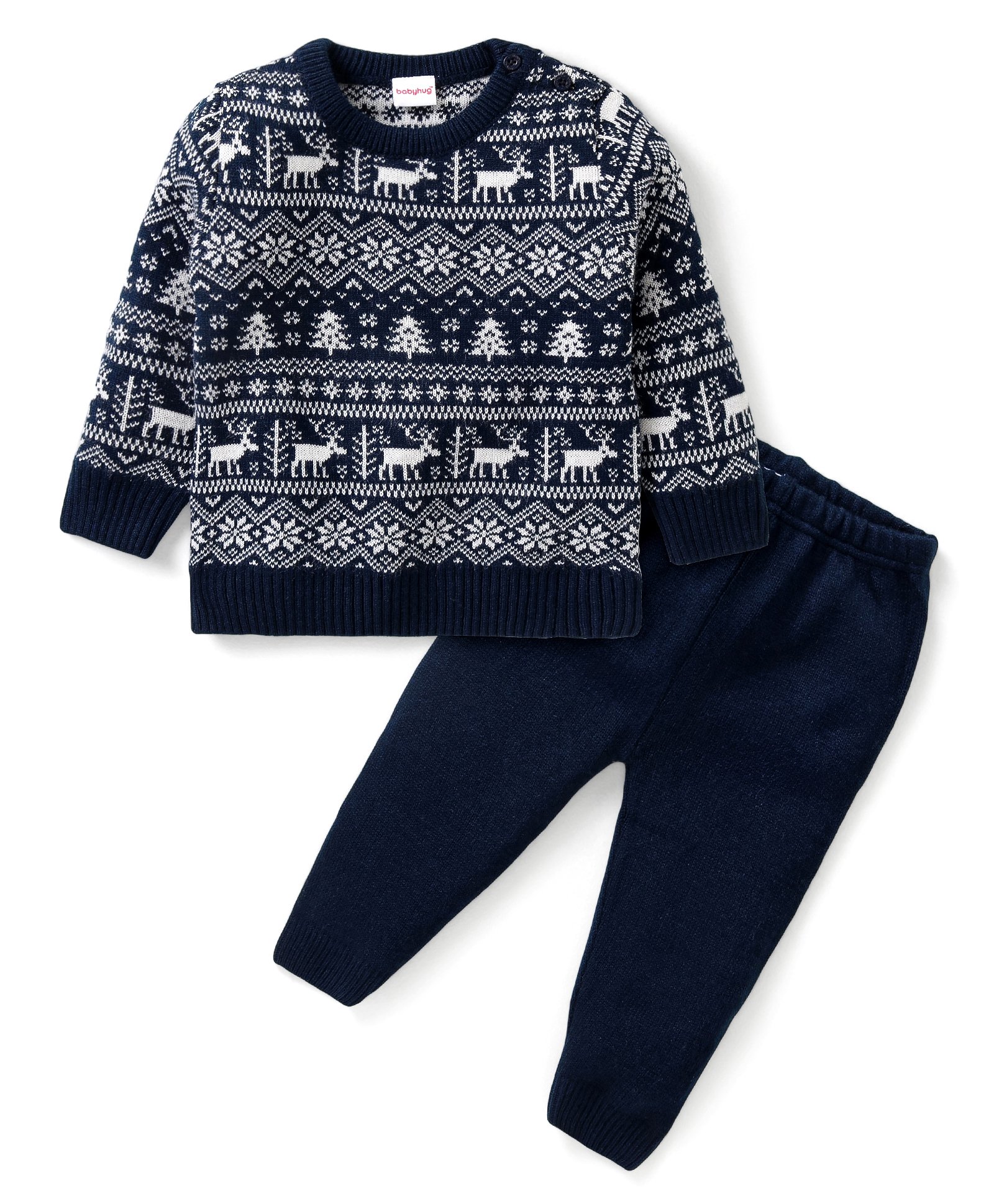Babyhug Knit Full Sleeves Sweater & Pant Set Reindeer Design - Navy Blue-picture-28