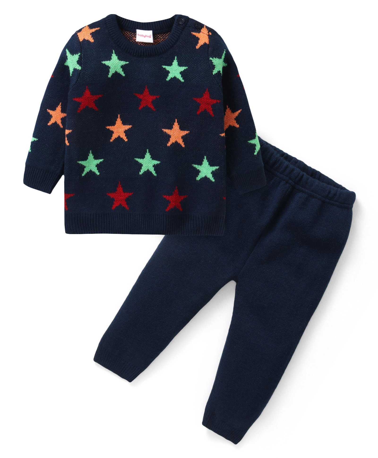 Babyhug Knit Full Sleeves Pullover Sweater & Pant Set  Star Designed - Navy Blue-picture-27