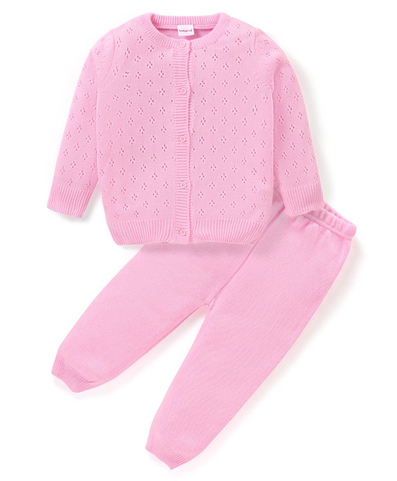 Babyhug Knitted Full Sleeves Solid Color Sweater Set - Pink-picture-19