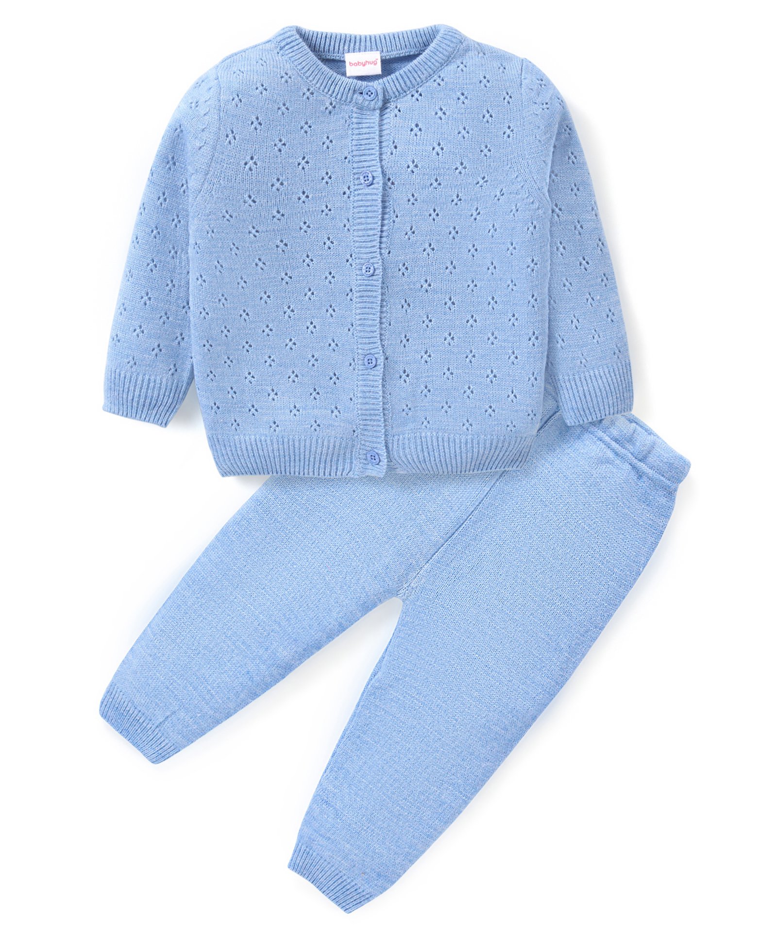 Babyhug Knitted Full Sleeves Solid Color Sweater Set - Blue-picture-11