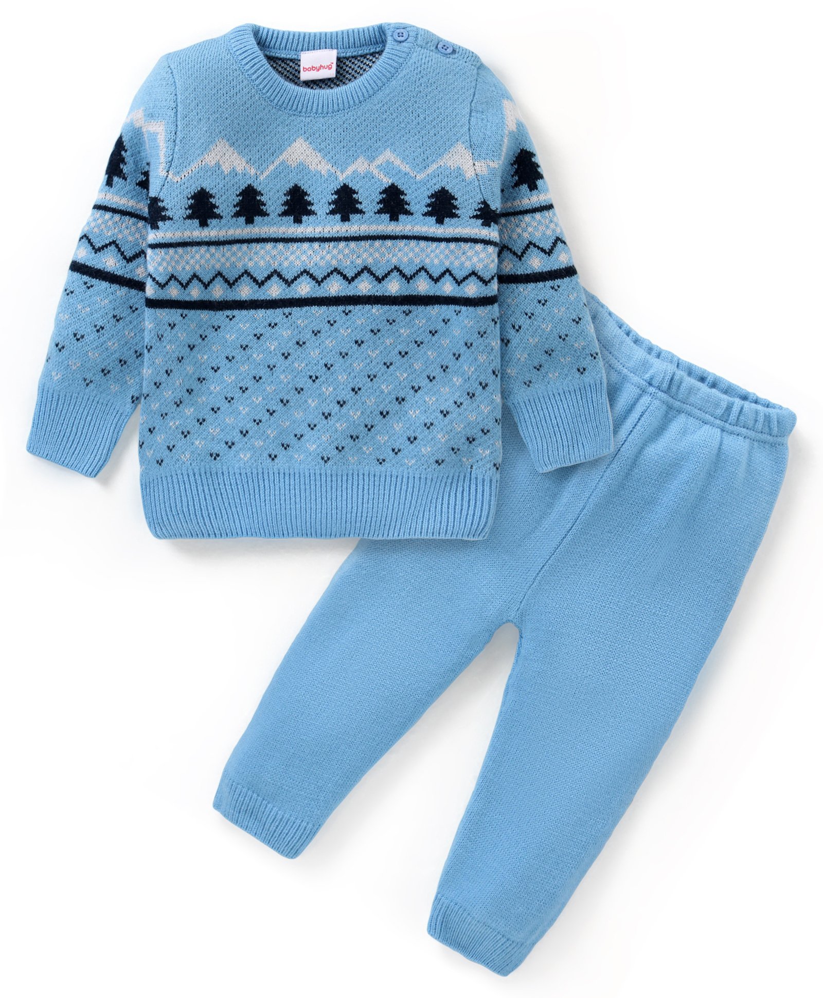 Babyhug Knit Full Sleeves Pullover Sweater and Pant Set Pine Tree Print - Blue