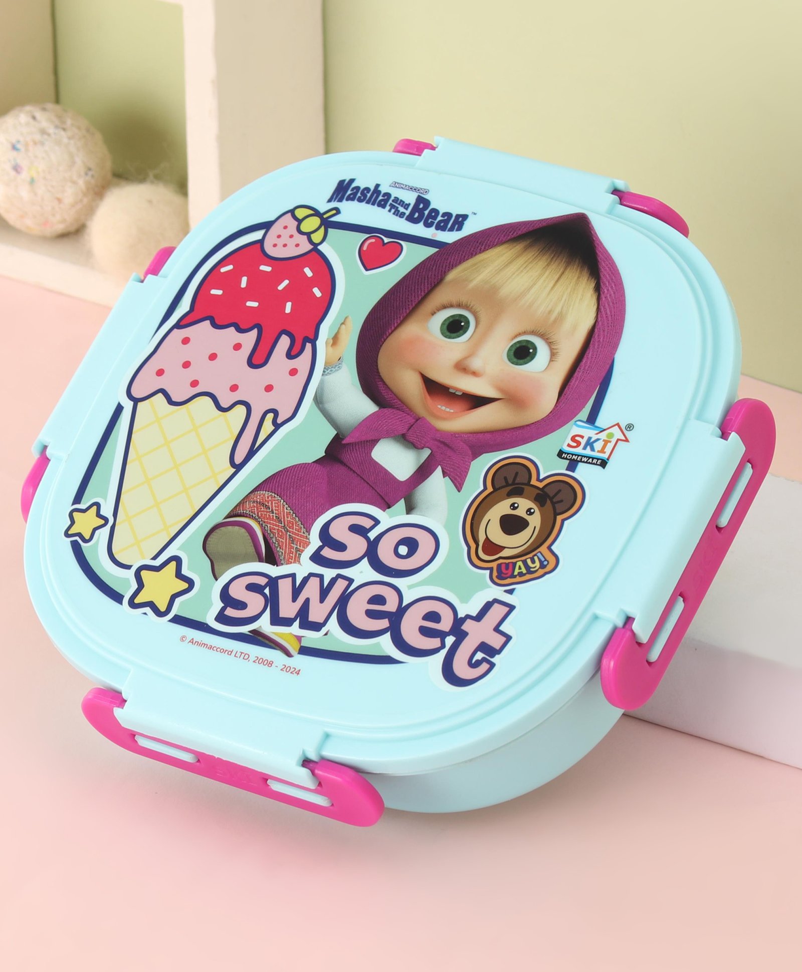 Masha and the Bear Baker Insulated 3 Grid Bento Printed  Lunch Box with Stainless Steel Inner & Steel Spoon - Blue