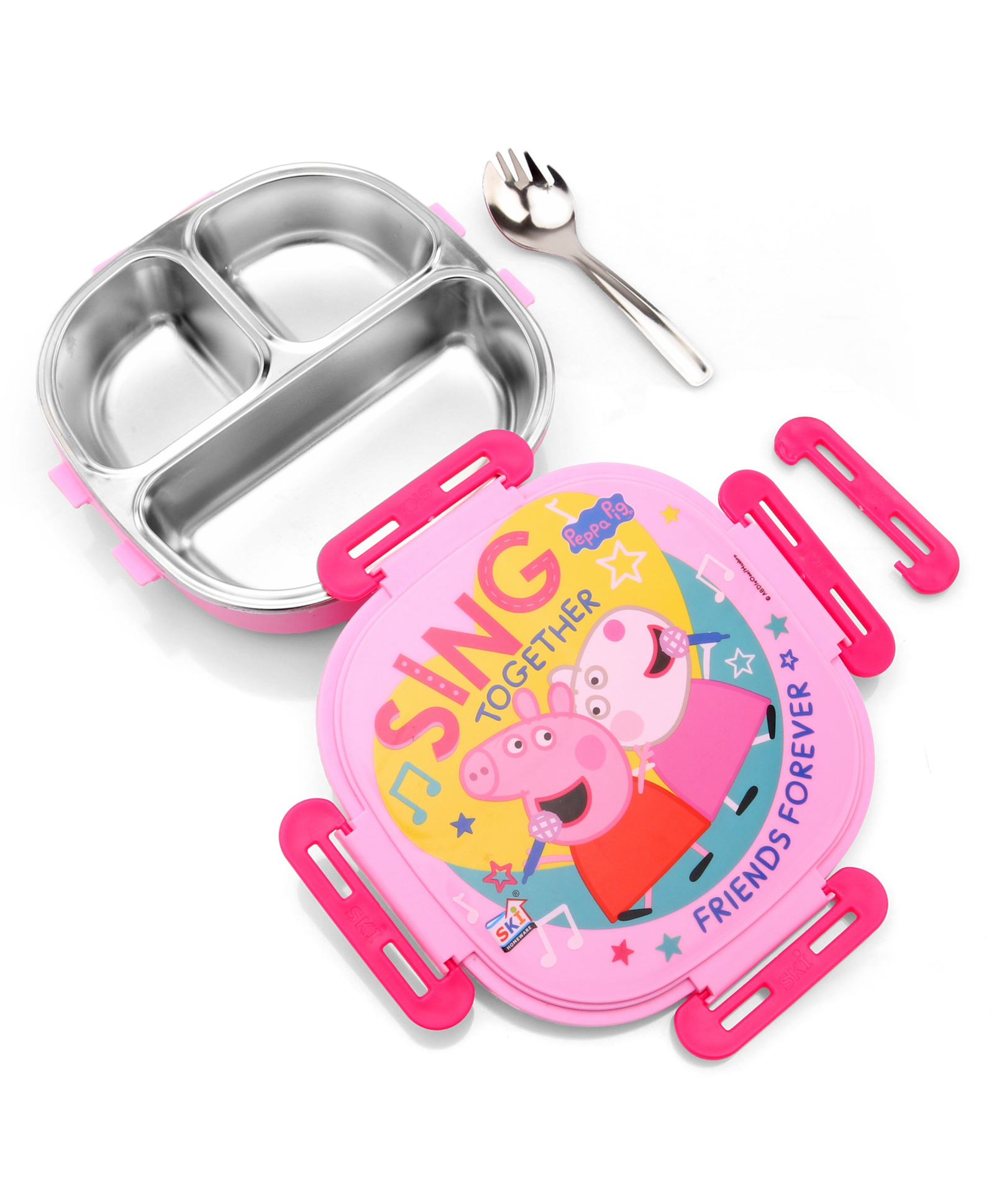 PEPPA PIG Baker Insulated 3 Grid Bento Printed  Lunch Box with Stainless Steel Inner & Steel Spoon - Pink