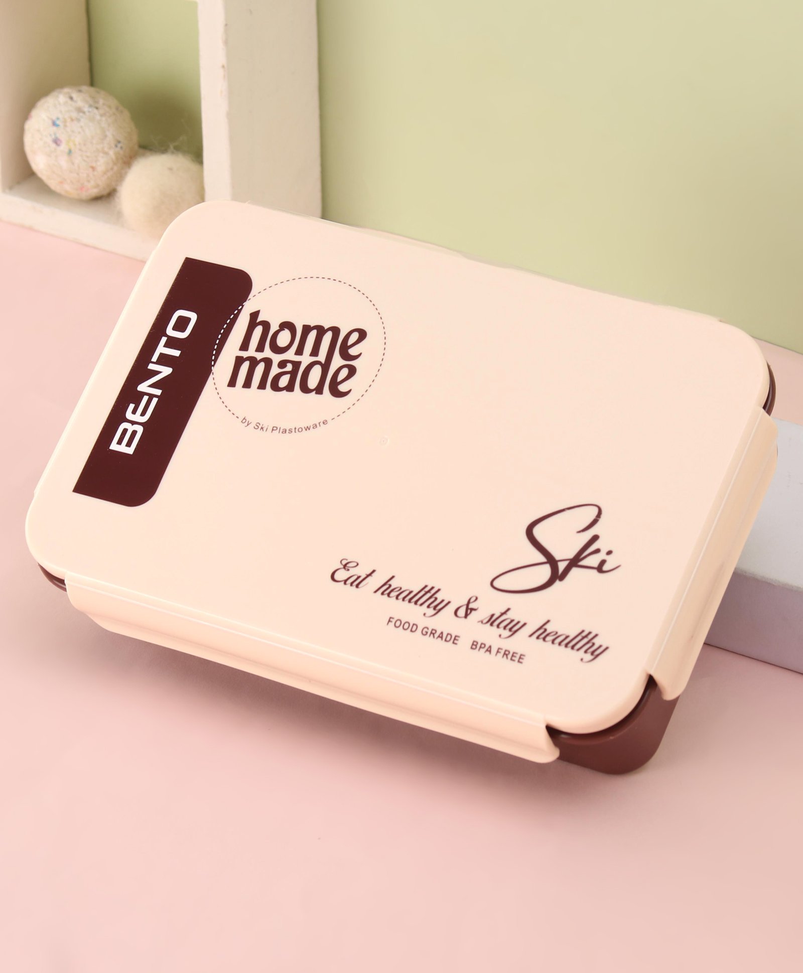 ski plastoware SKI Bento Leak Proof 3 Grid Lunch Box with Spoon- Brown-picture-25