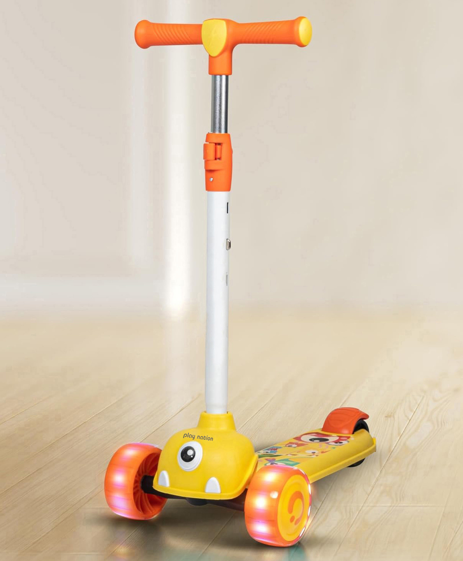 Play Nation Foldable  Kick Scooter with LED Wheels Wide Standing Deck & 3-Level Adjustable Handlebar - Yellow-picture-5